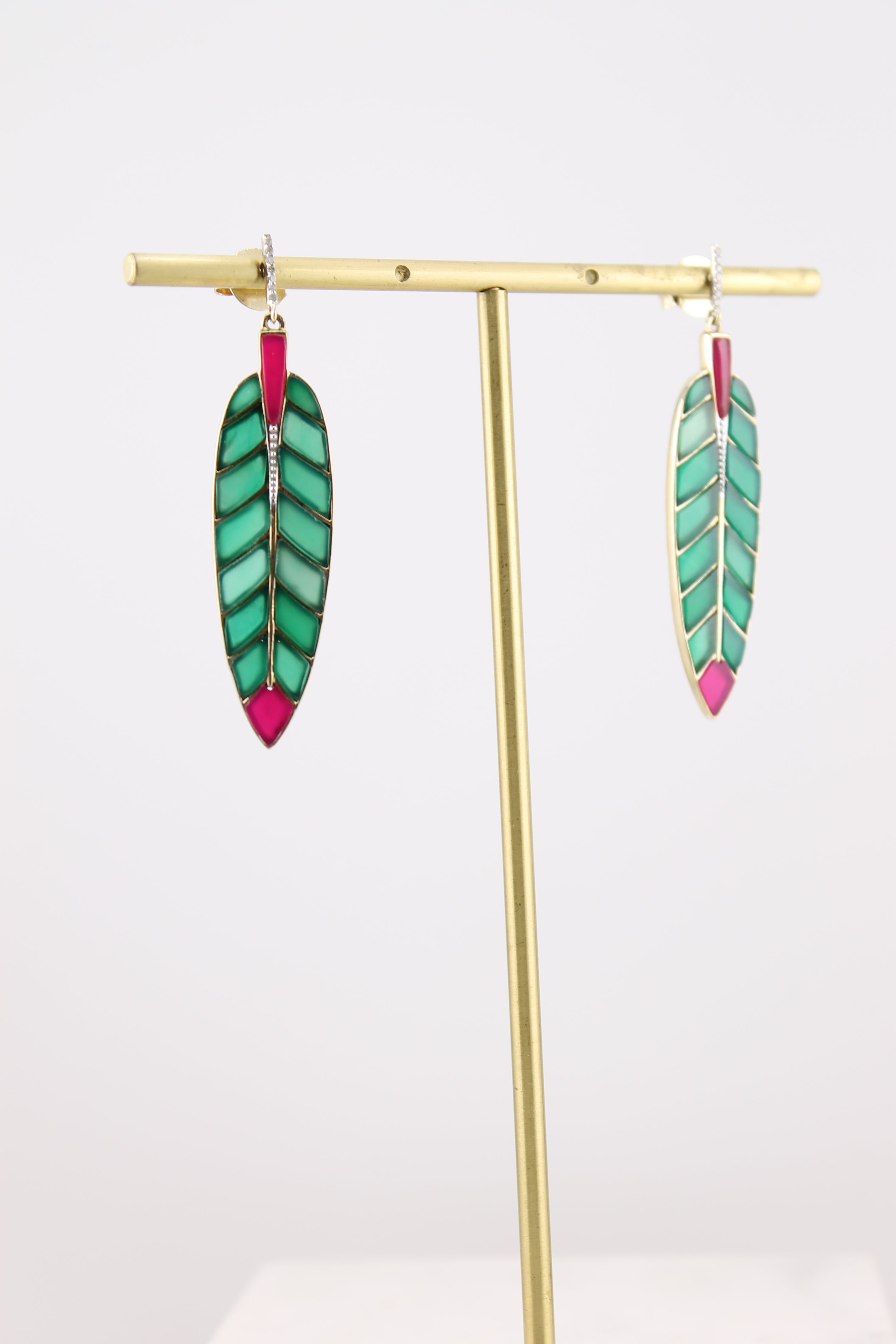 Pink and Green Onyx Feather Earrings (Y10968B)