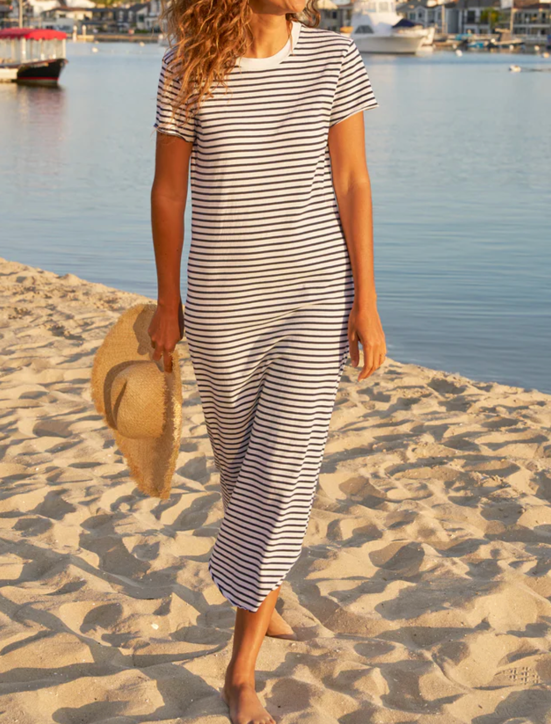 Harper Tee Maxi Dress - White w/ British Royal Navy Stripe