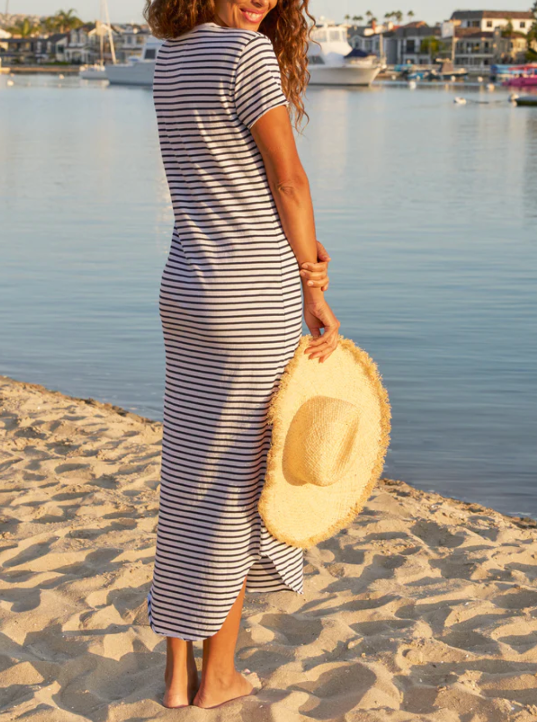 Harper Tee Maxi Dress - White w/ British Royal Navy Stripe