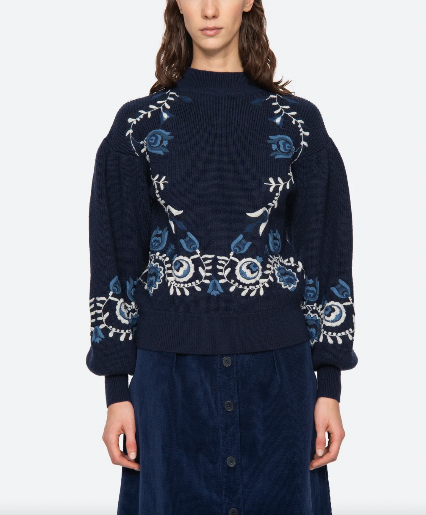 Inga Embroidery High Neck Sweater - Navy