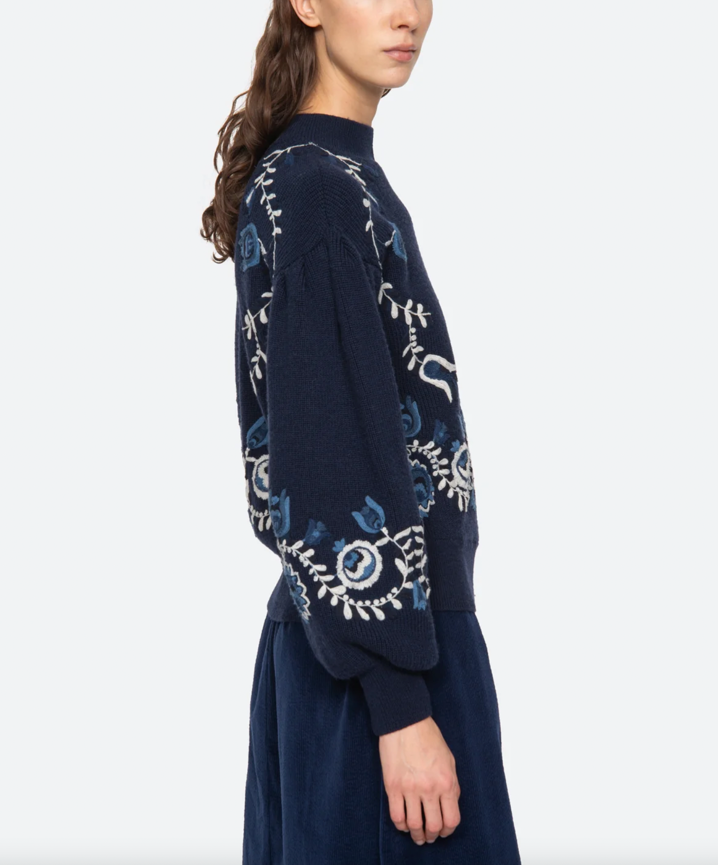 Inga Embroidery High Neck Sweater - Navy