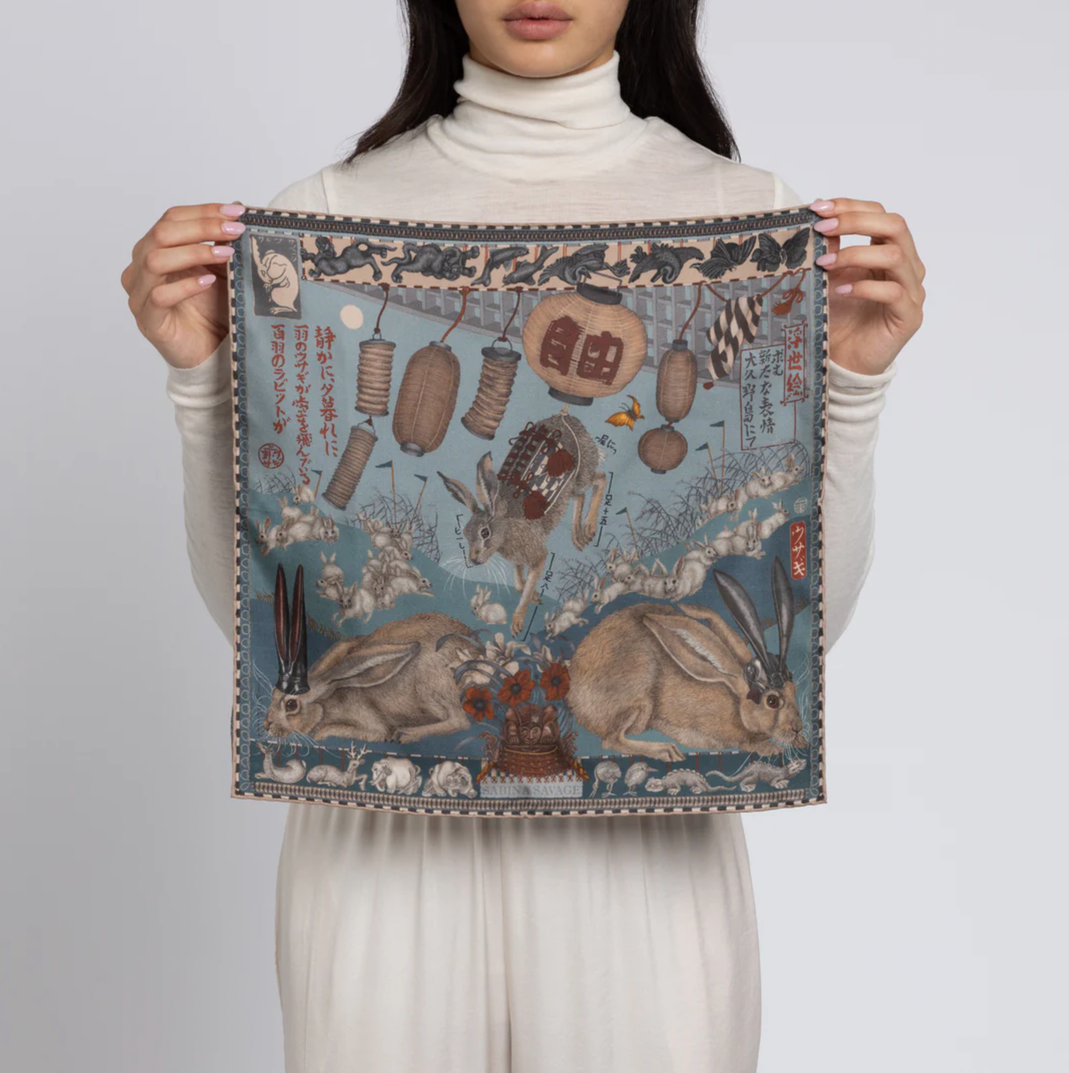 42x42 Small Silk Scarf-Floating Rabbits-Cameo