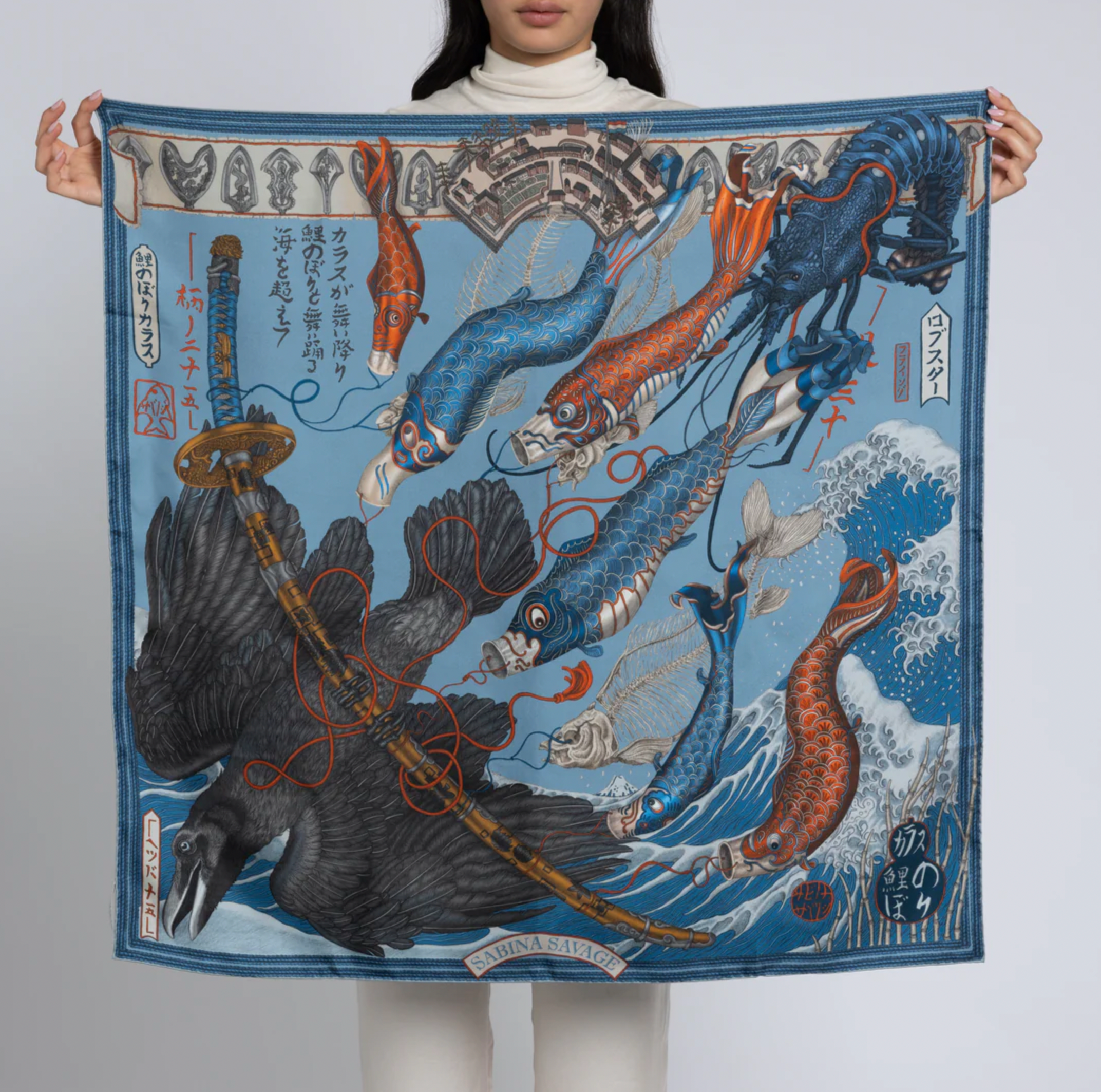 90x90 Medium Silk Scarf-Koinobori-River/Rain