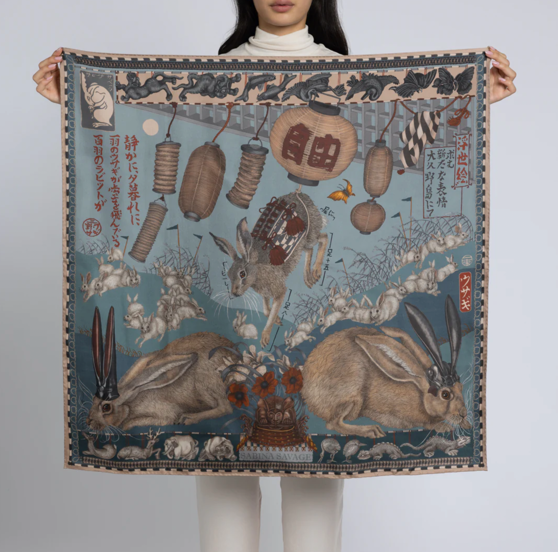 90x90 Medium Silk Scarf-Floating Rabbits-Cameo