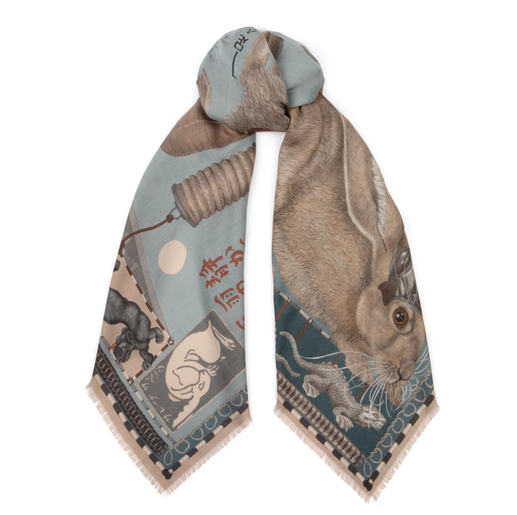 135x135 Large Silk/Wool Scarf-Floating Rabbits-Cameo