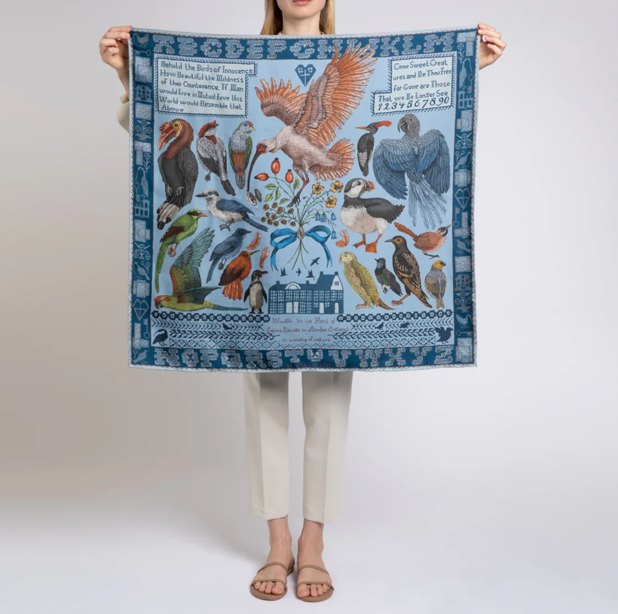 90x90 Medium Silk Scarf-Birds of Innocence-Bluebell