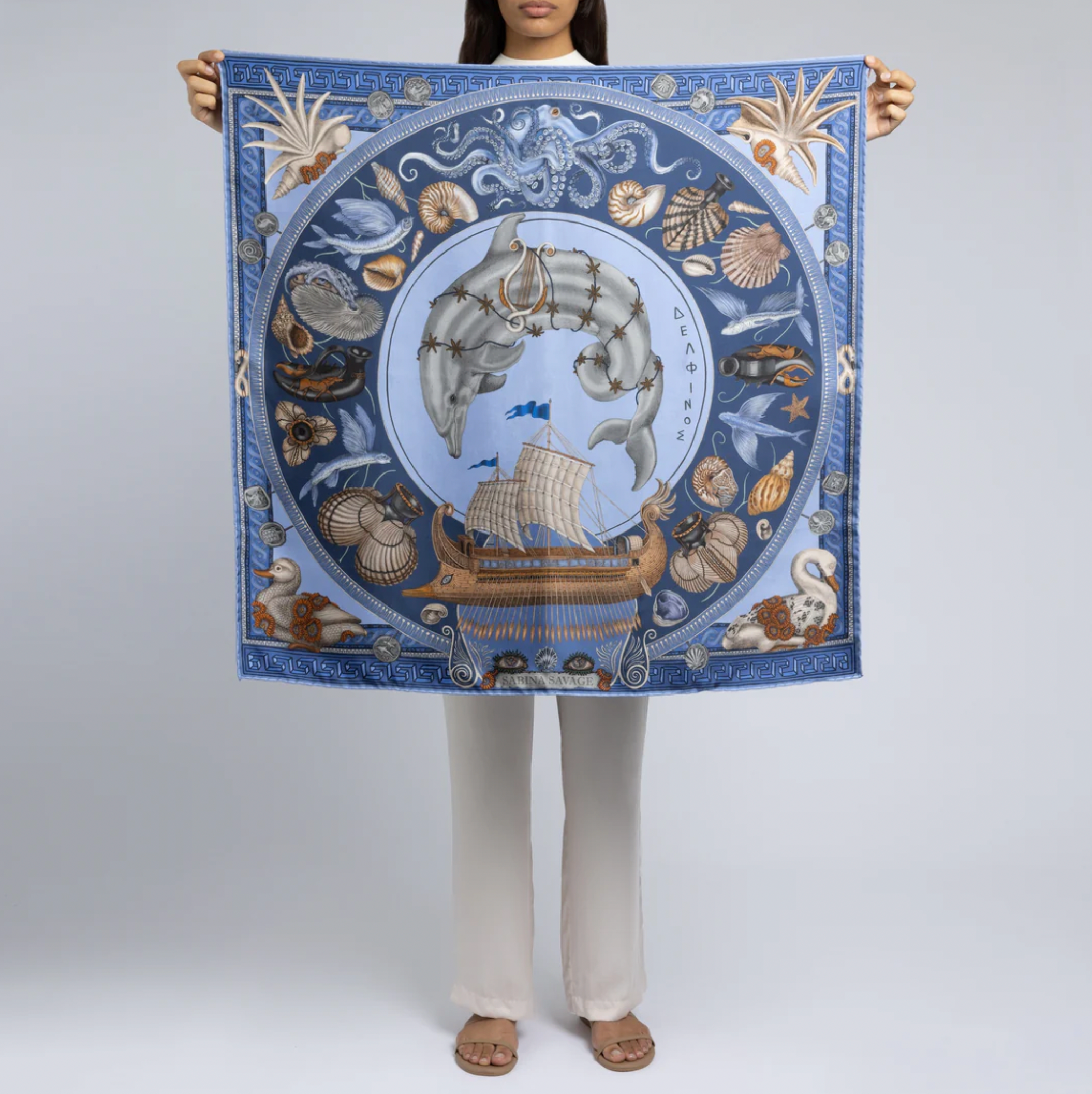 90x90 Medium Silk Scarf-Dancing Delphinus-Ocean