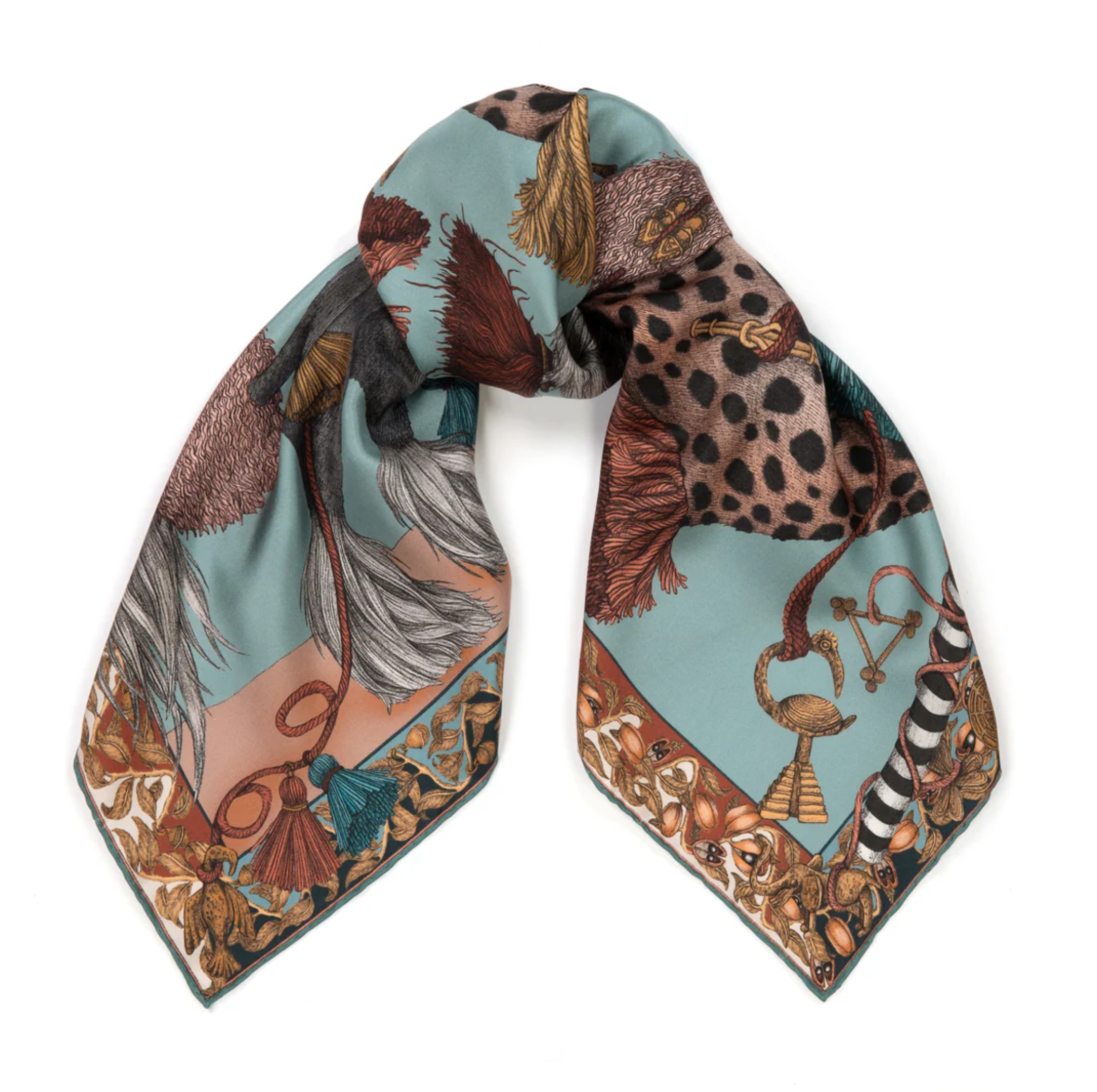 90x90 Medium Silk Scarf-The Fool-Leopard with Dogs-Green