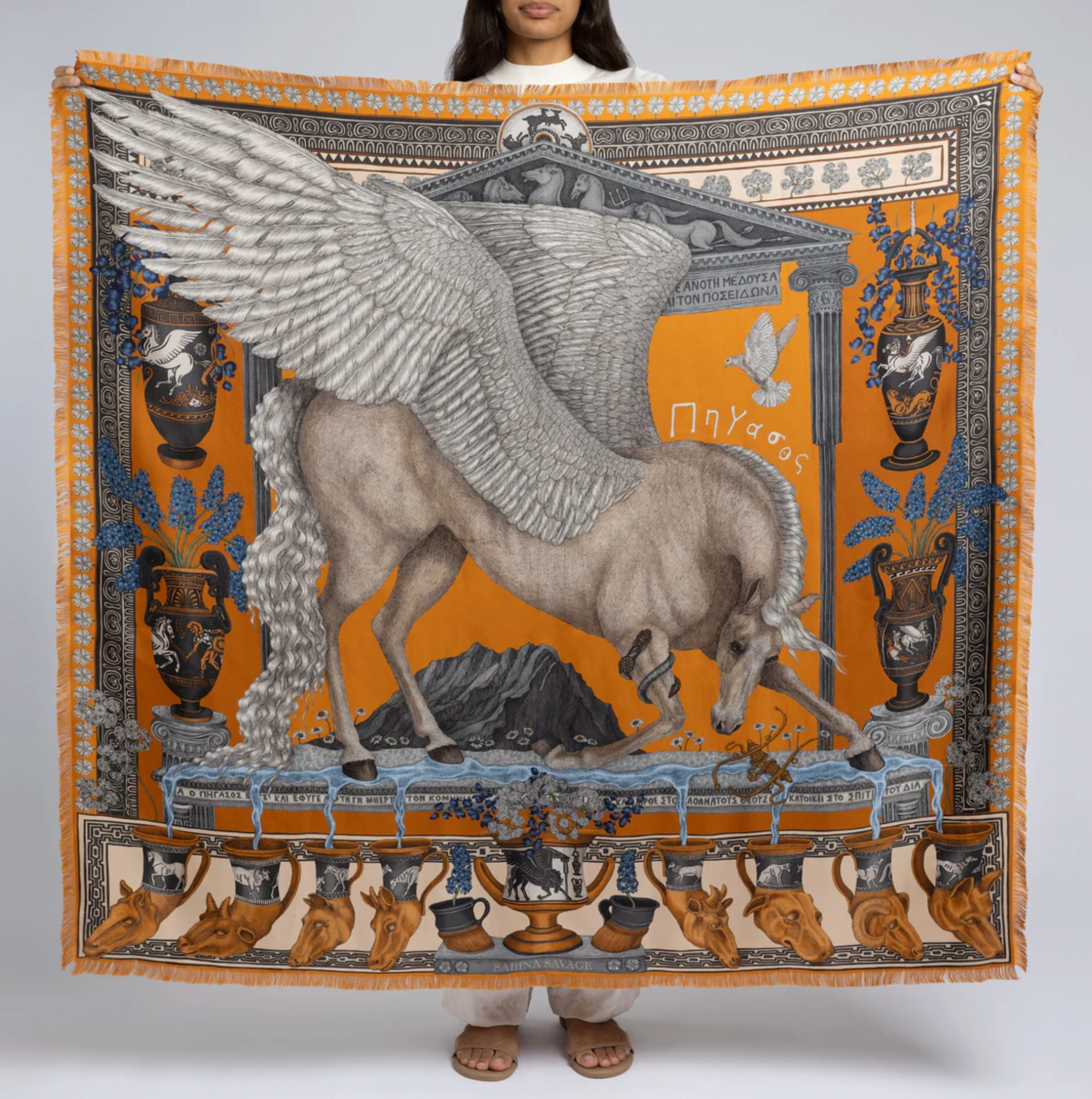 135x135 Large Silk Scarf-Temple of Pegasus-Citrus/Chalk