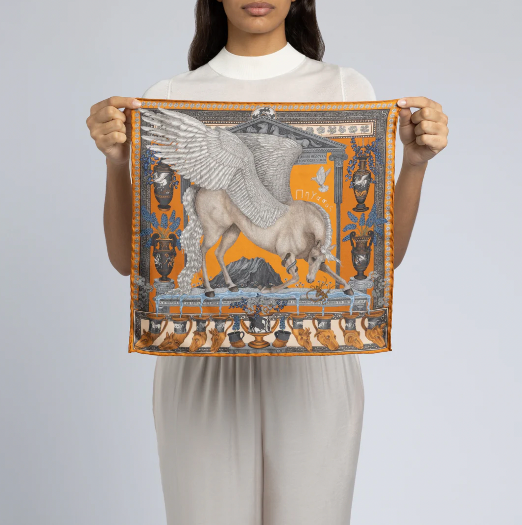 42x42 Small Silk Scarf-Temple of Pegasus-Citrus/Chalk