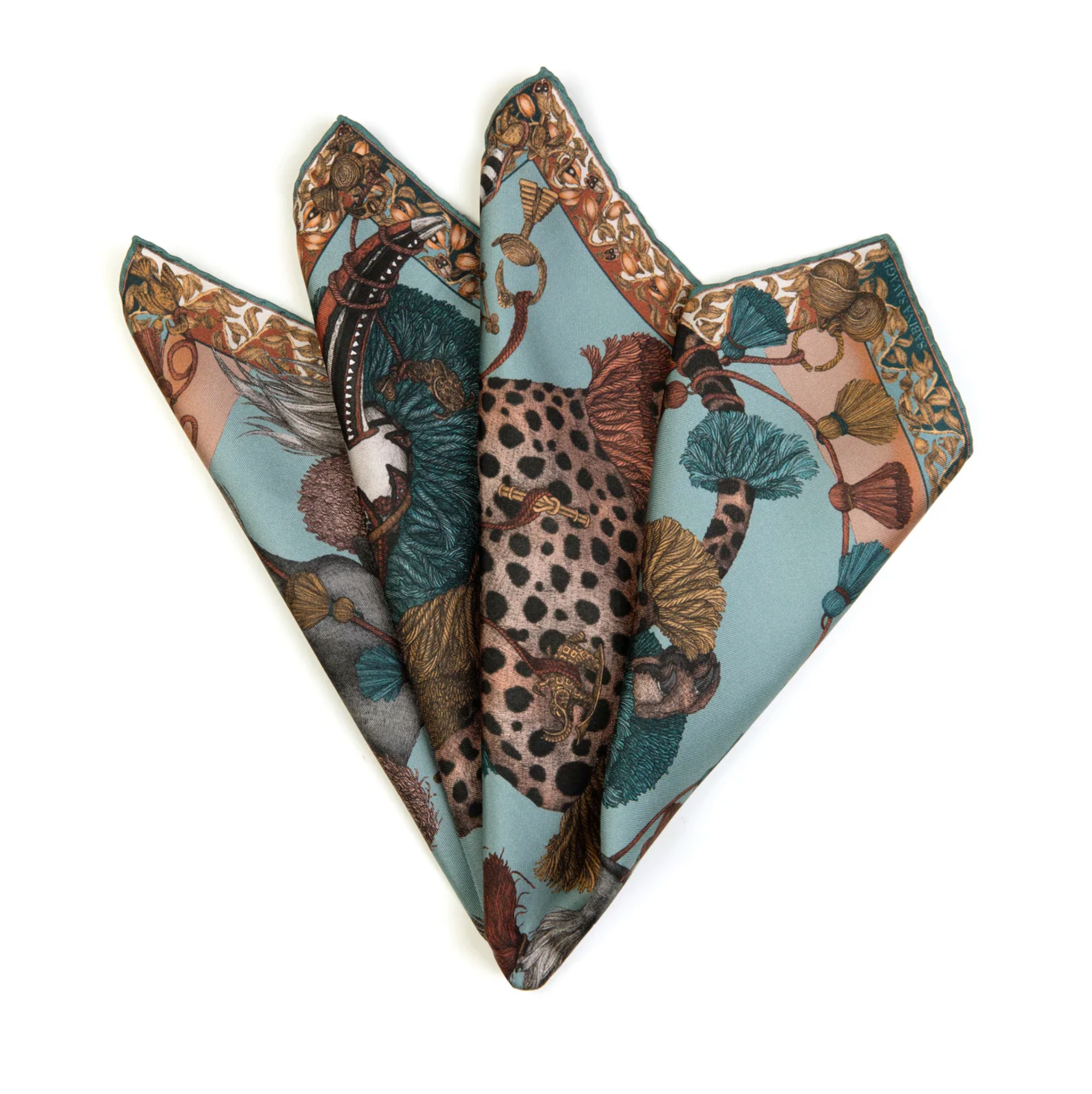 42x42 Small Silk Scarf-The Fool-Leopard with Dogs-Green