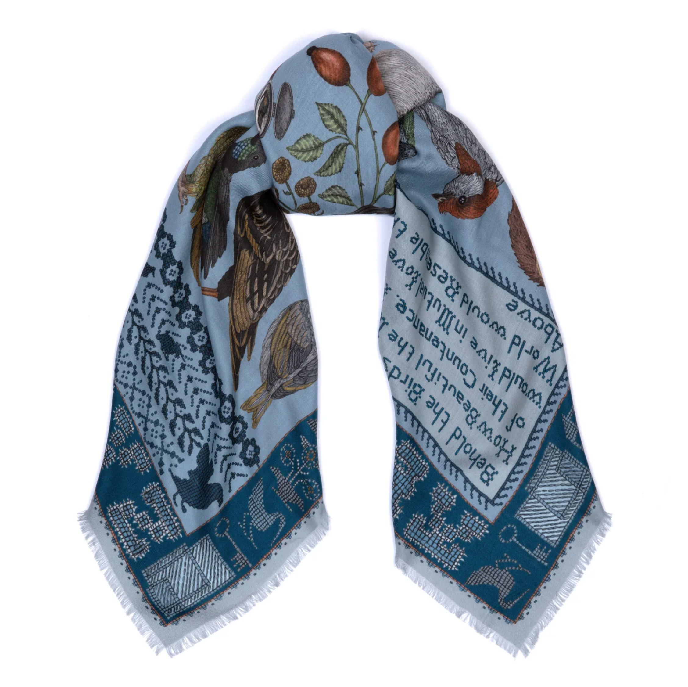 135x135 Large Silk Scarf-Birds of Innocence-Bluebell