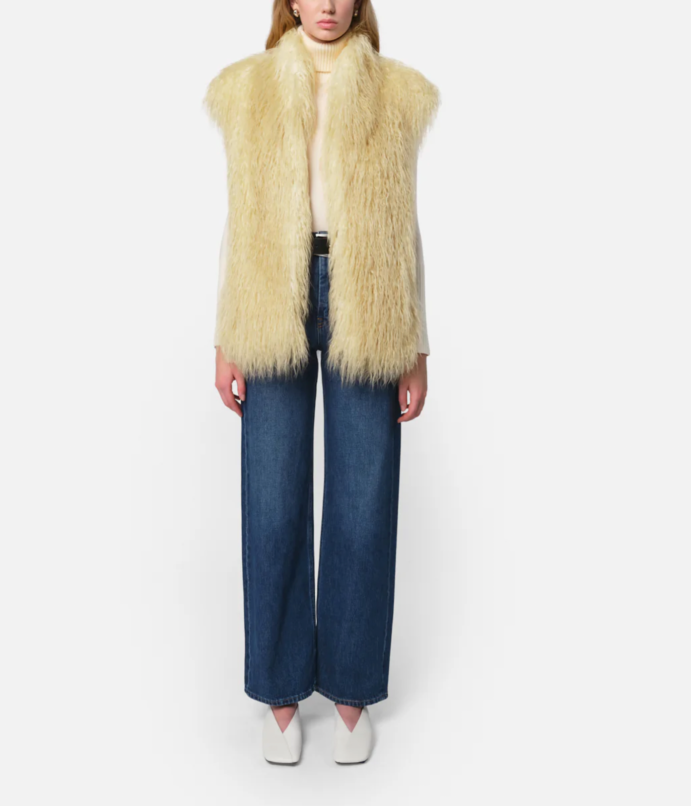 Laila Faux Mongolian Fur Vest - Panna Cotta