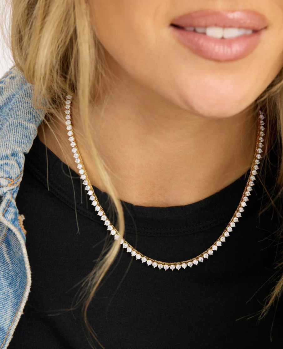 Not Your Basic Tennis Necklace - Gold|White Diamondettes