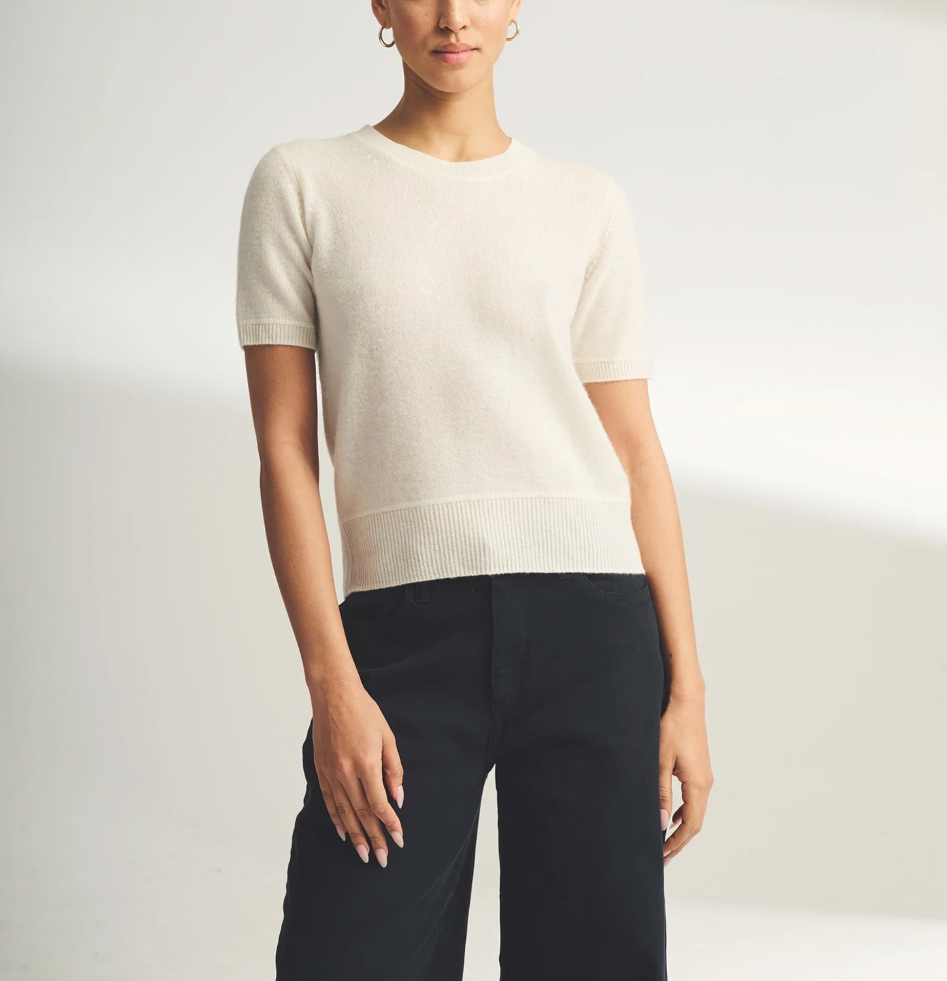 Cashmere Short Sleeve Cropped Pullover - White