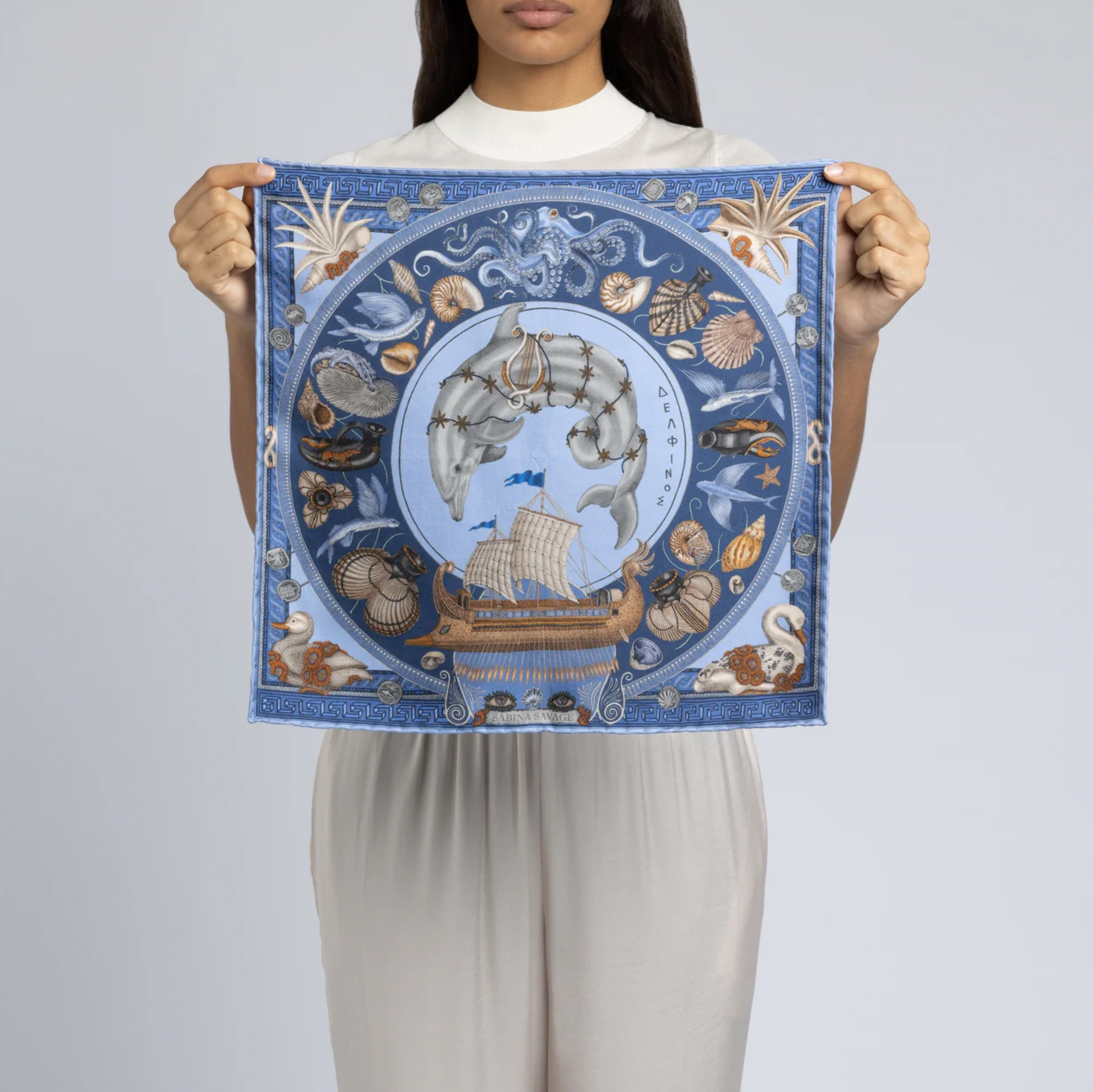 42x42 Small Silk Scarf-Dancing Delphinus-Ocean/Periwinkle