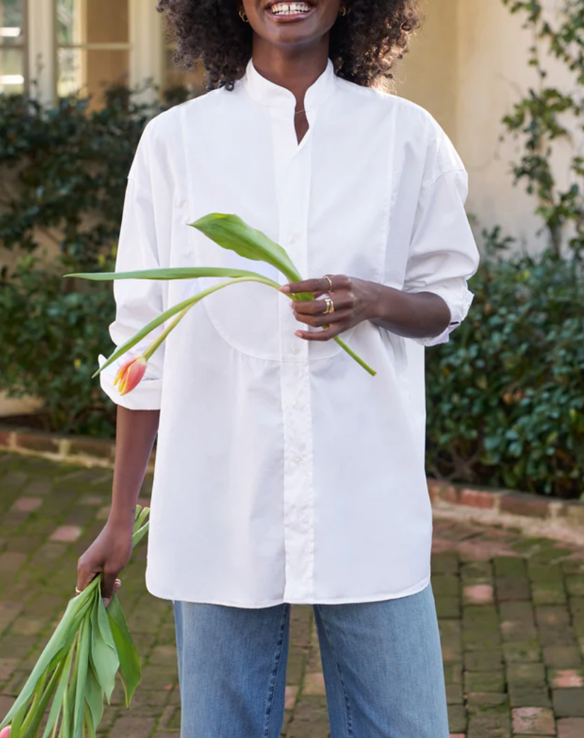 Victoria Collarless Button Down-TXW White Bib