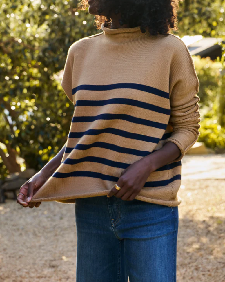 Monterey Sweater-Camel and Navy Stripe