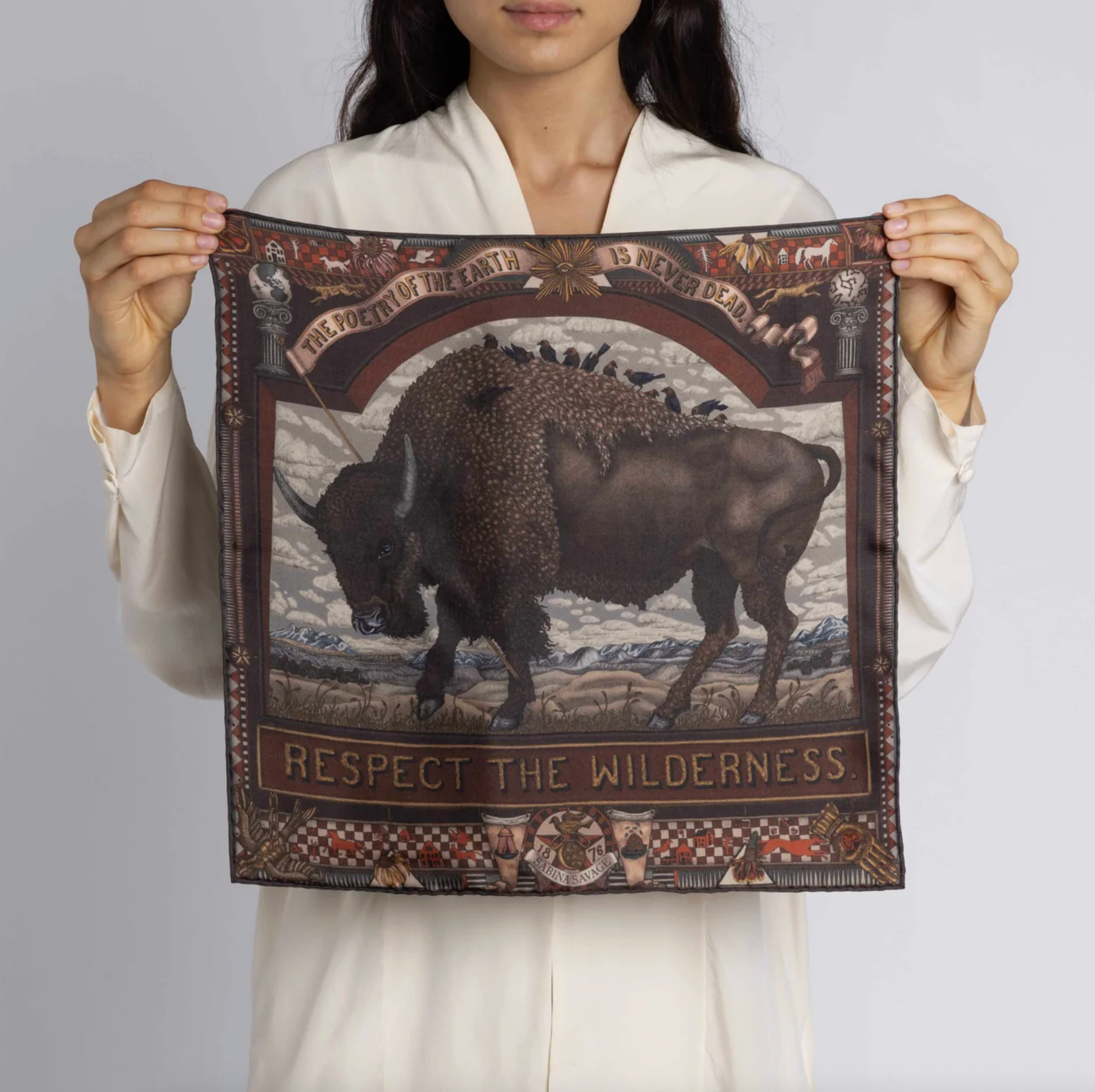 42x42 Small Silk Scarf-Secrets of the Bison-Sanguine/Silver