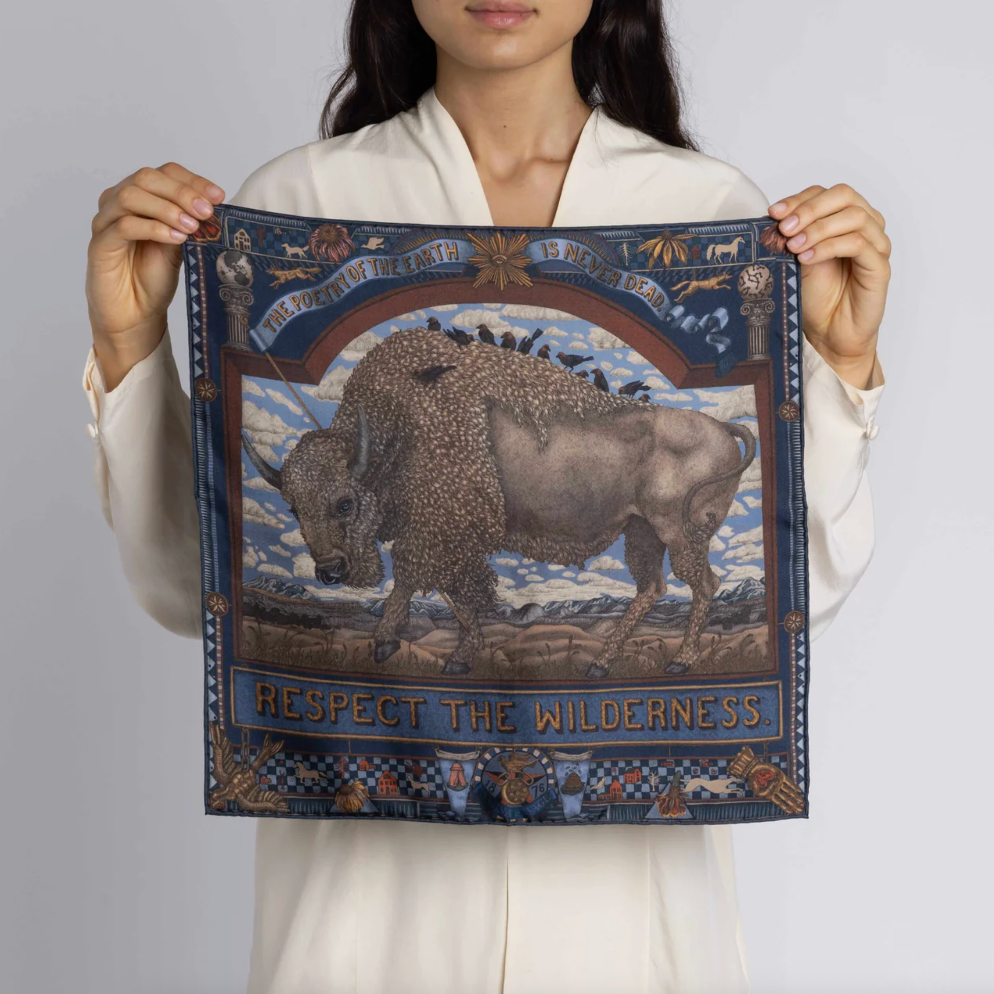 42x42 Small Silk Scarf-Secrets of the Bison-Chambray/Stone