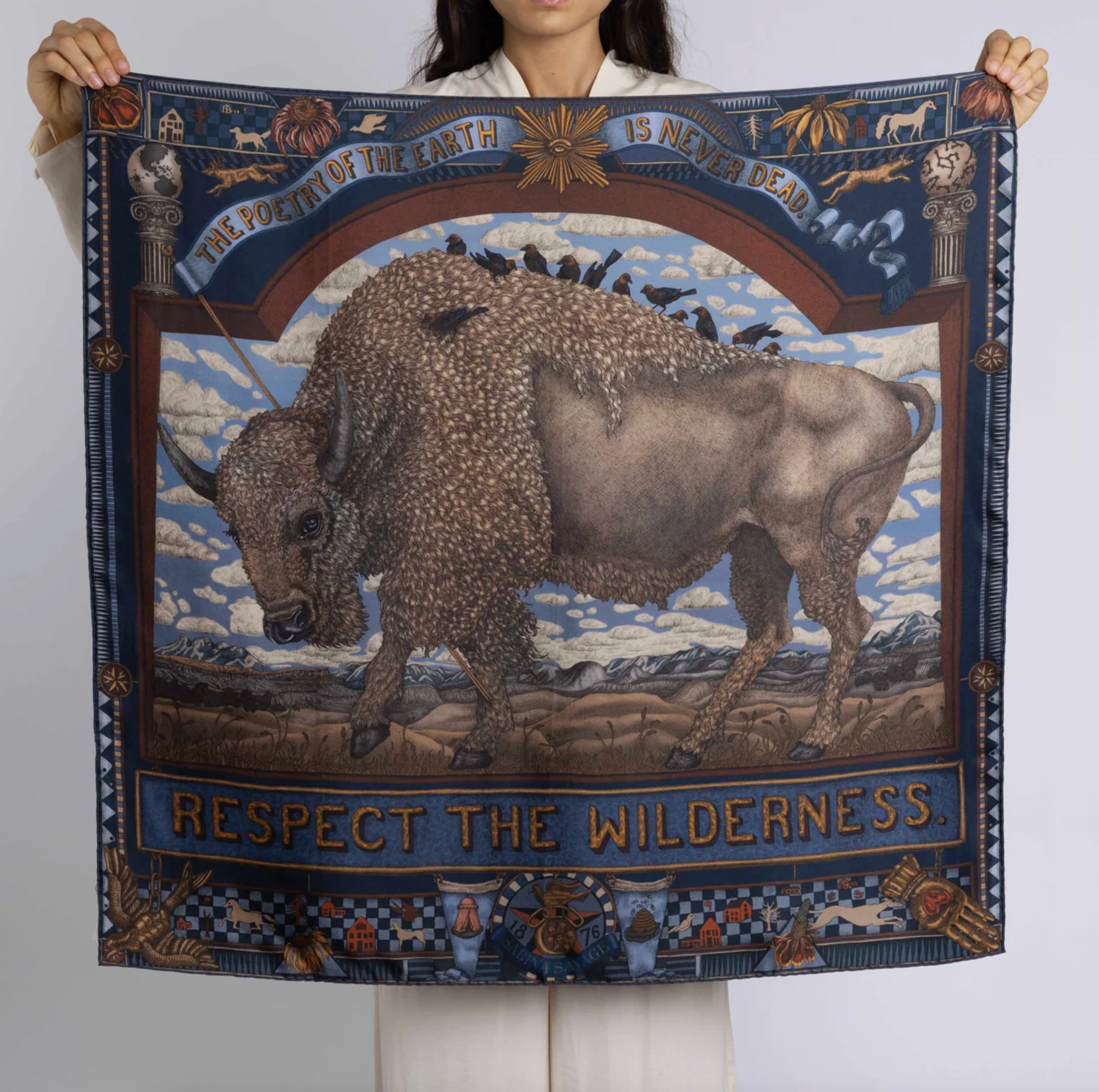 90x90 Medium Silk Scarf-Secrets of the Bison-Chambray/Stone