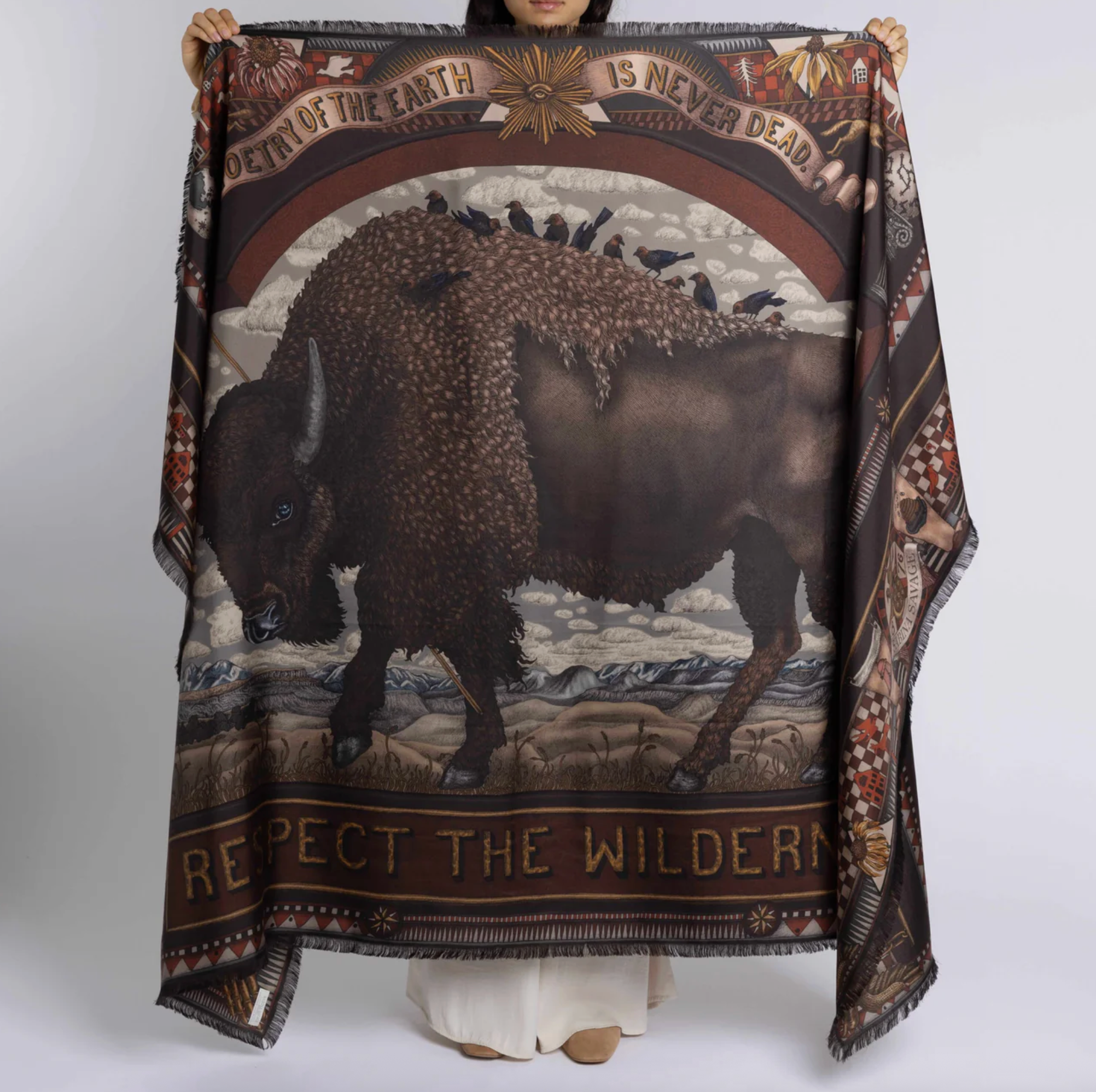 135x195 Rectangular Silk Scarf-Secrets of the Bison-Sanguine/Silver