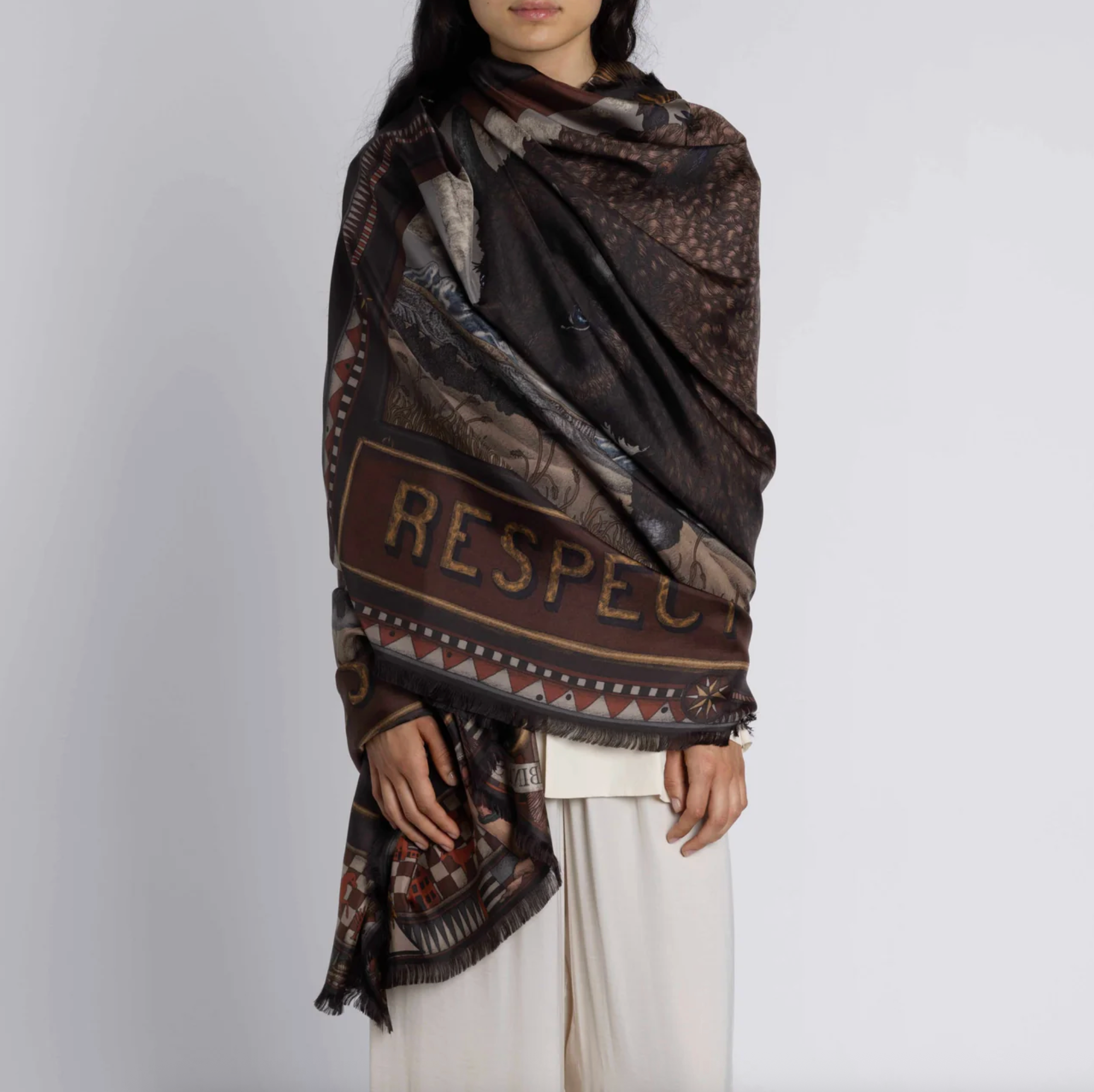 135x195 Rectangular Silk Scarf-Secrets of the Bison-Sanguine/Silver