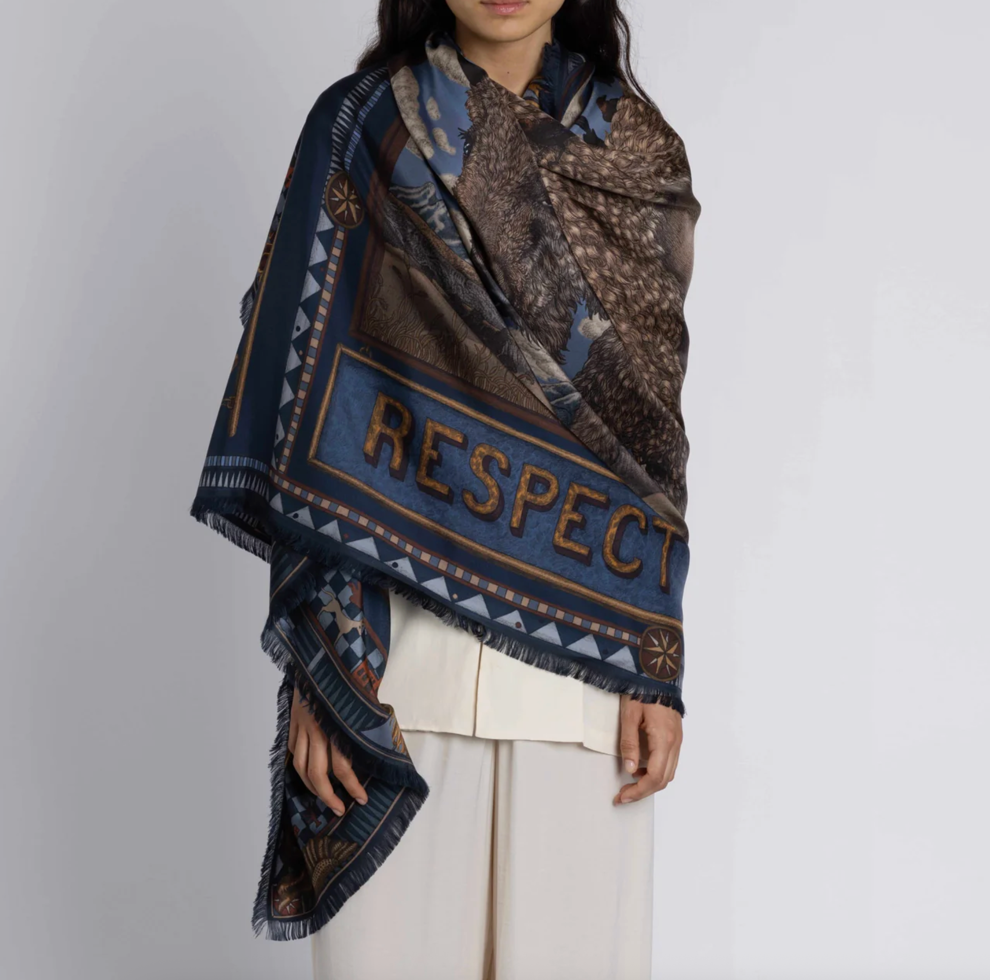 135x195 Rectangular Silk Scarf-Secrets of the Bison-Chambray/Stone