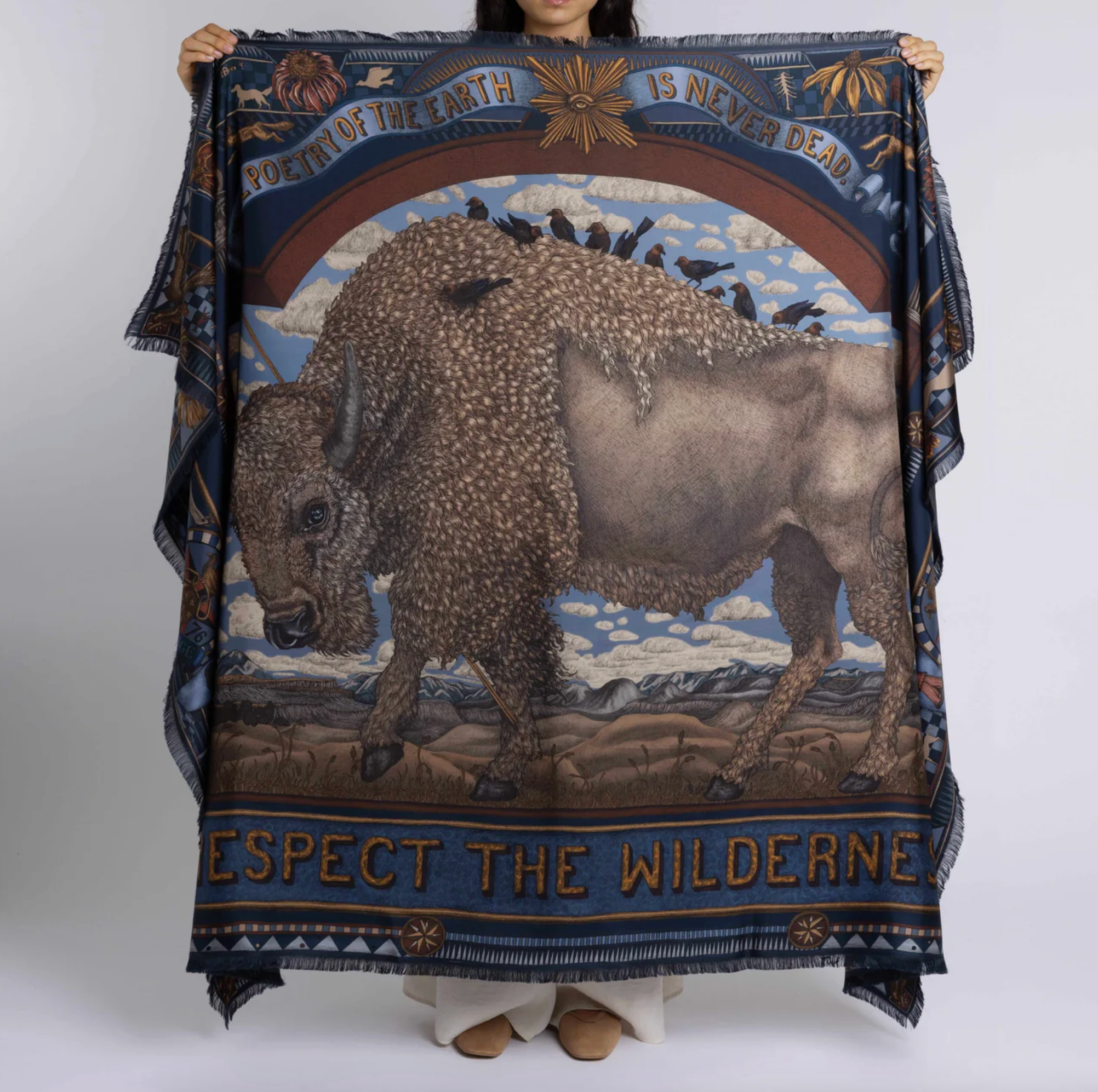 135x195 Rectangular Silk Scarf-Secrets of the Bison-Chambray/Stone