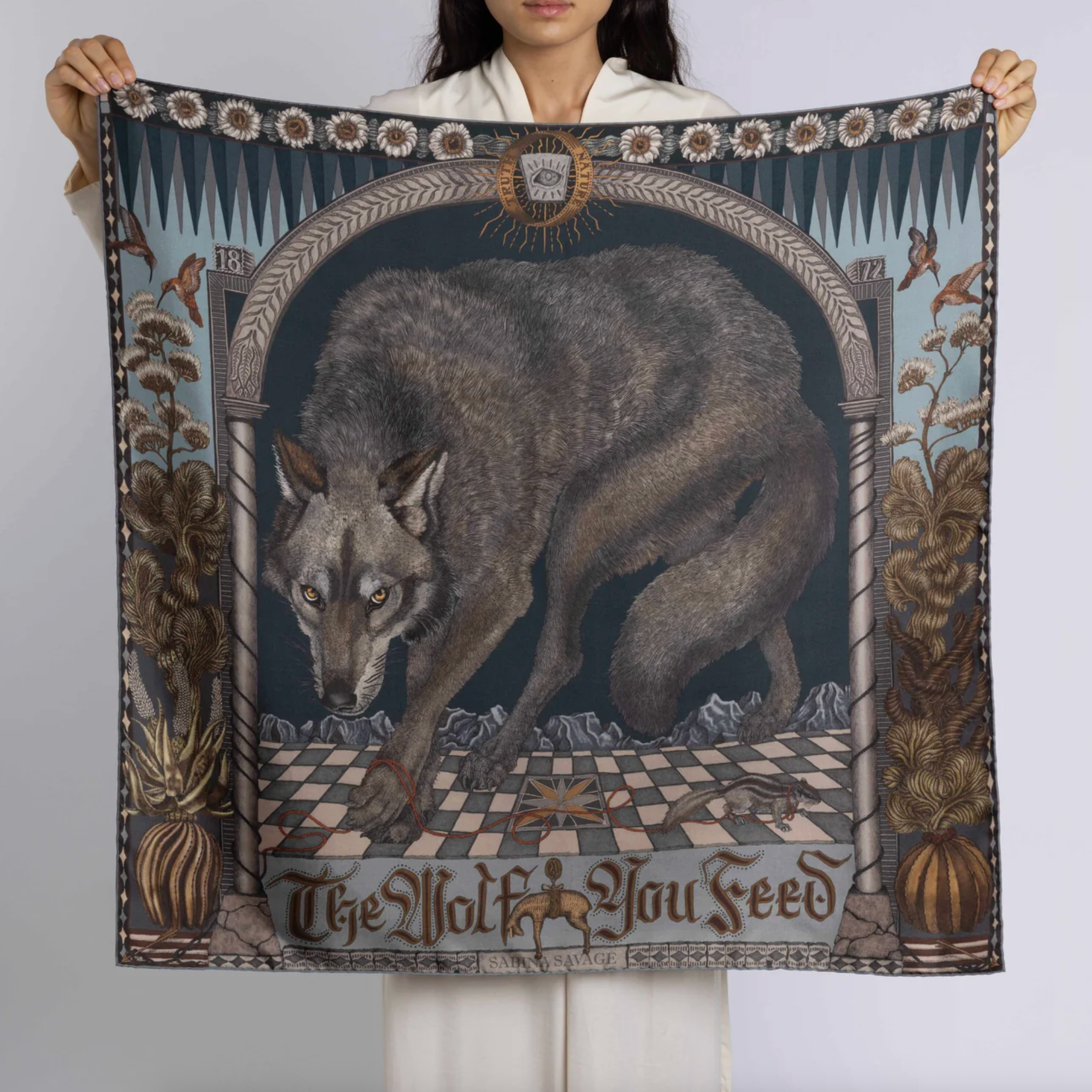 90x90 Medium Silk Scarf-The Wolf you Feed-Gunmetal/Gloaming