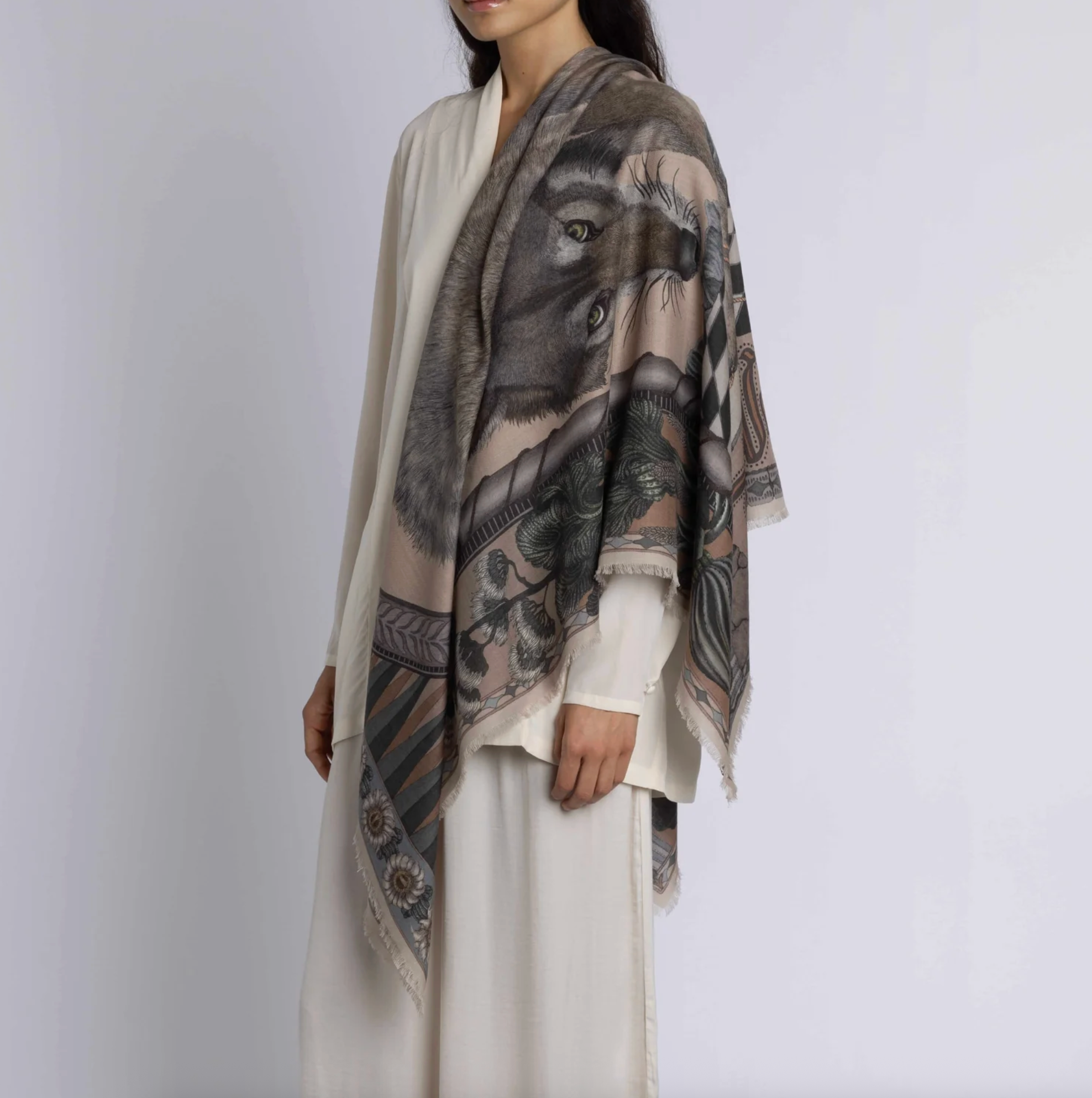 135x135 Large Wool/Silk Scarf-The Wolf You Feed-Desert/Dawn