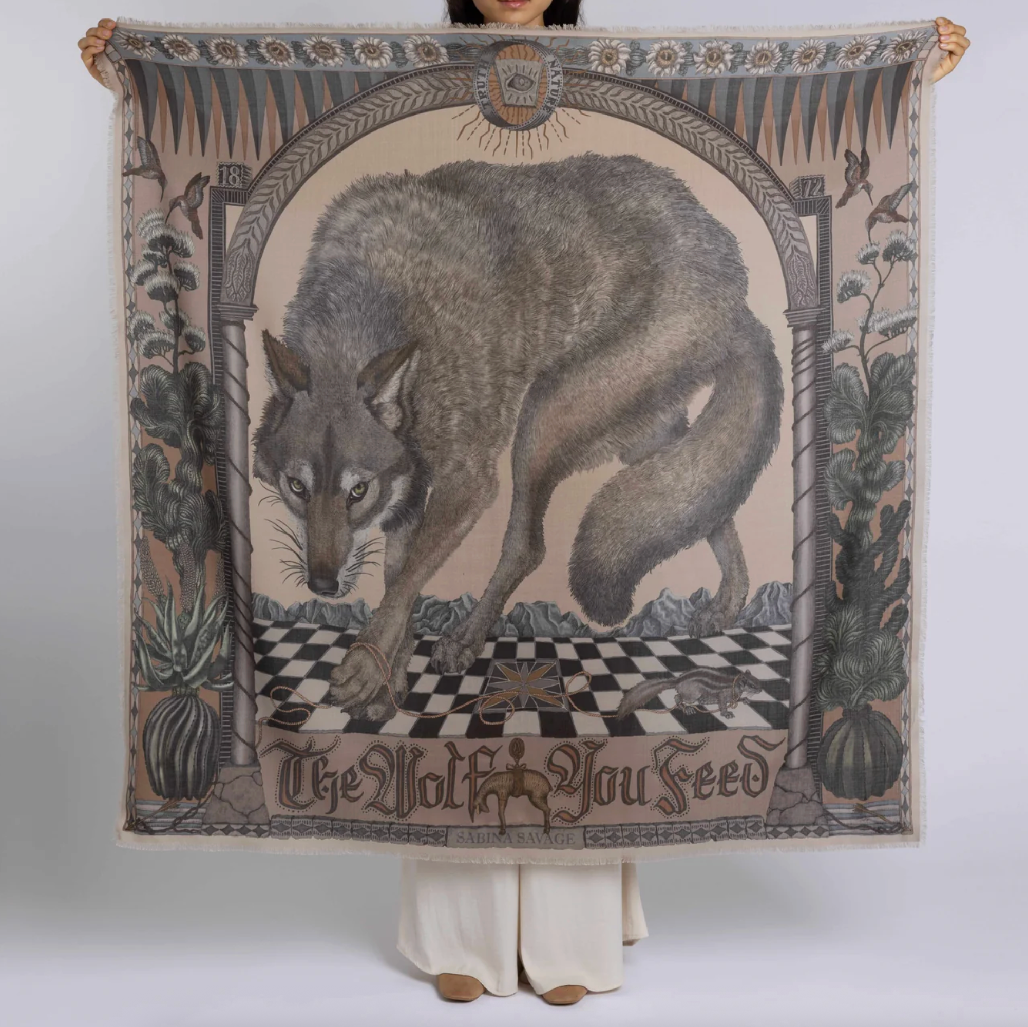 135x135 Large Wool/Silk Scarf-The Wolf You Feed-Desert/Dawn