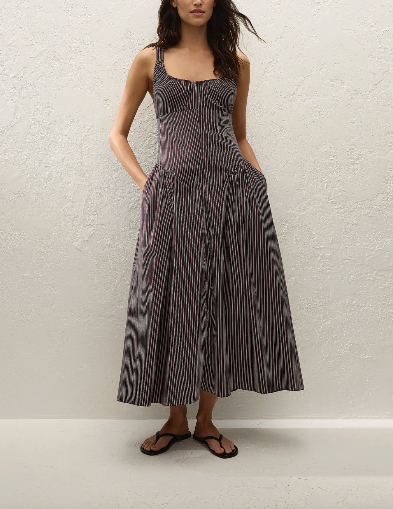 Olas Midi Dress - Rocio Pinstripe Chocolate Plum
