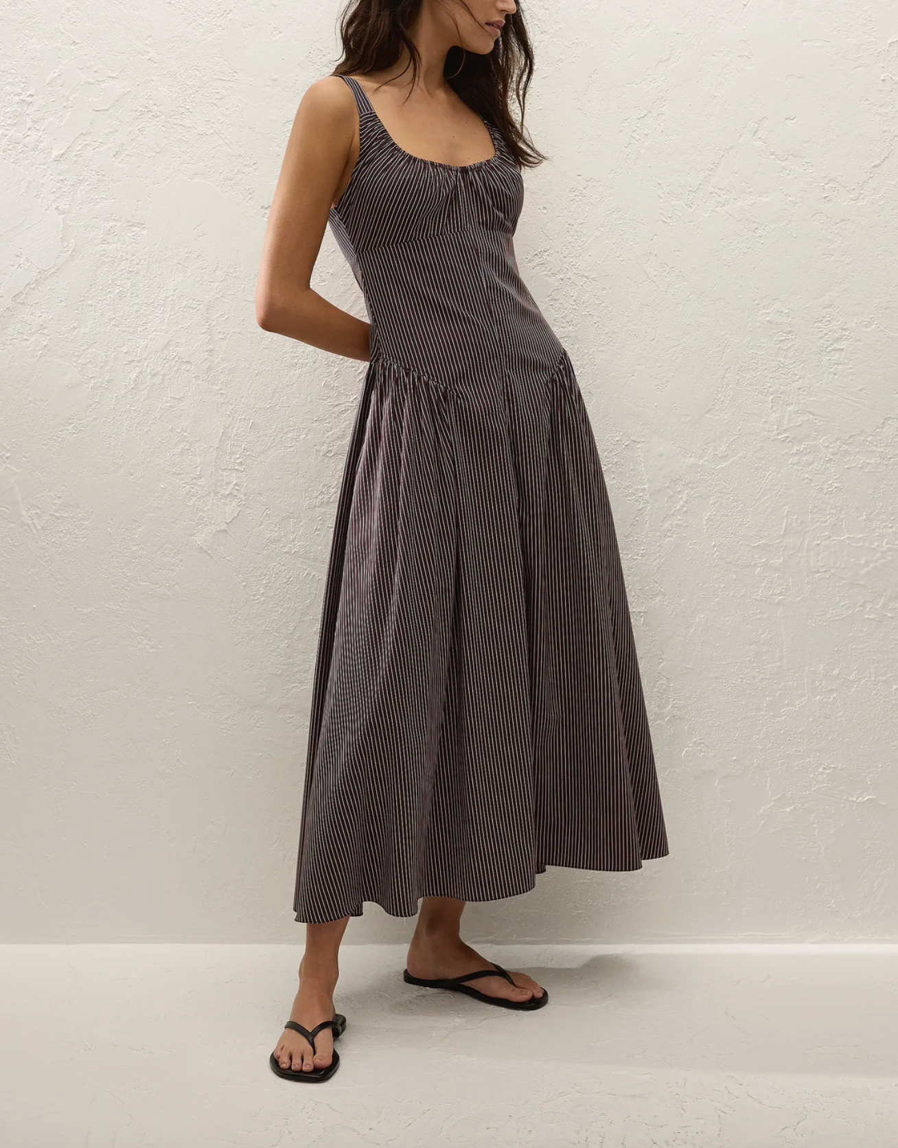 Olas Midi Dress - Rocio Pinstripe Chocolate Plum