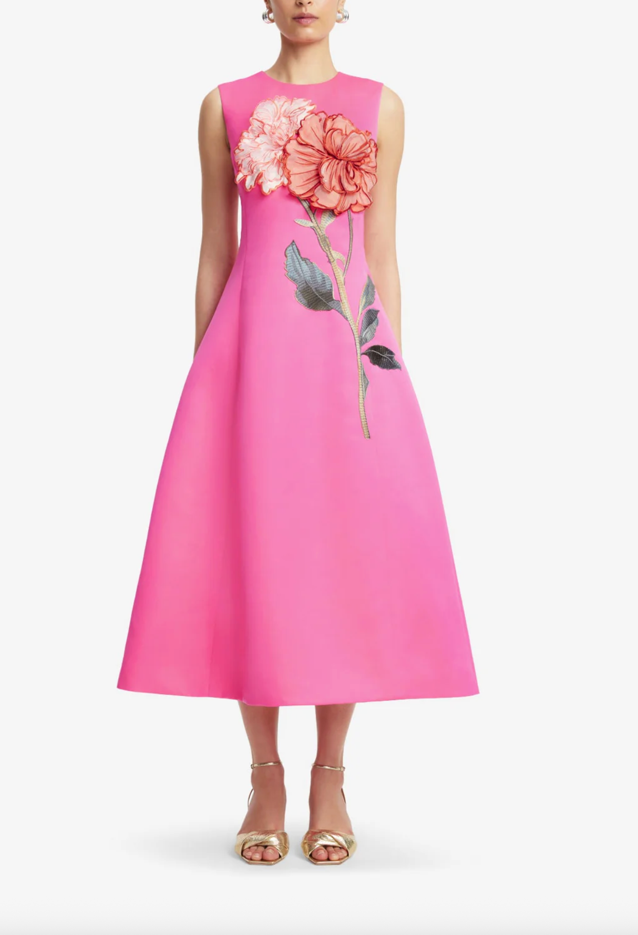 Cleo Applique Sleeveless Midi Dress-Peony Print In Fuchsia