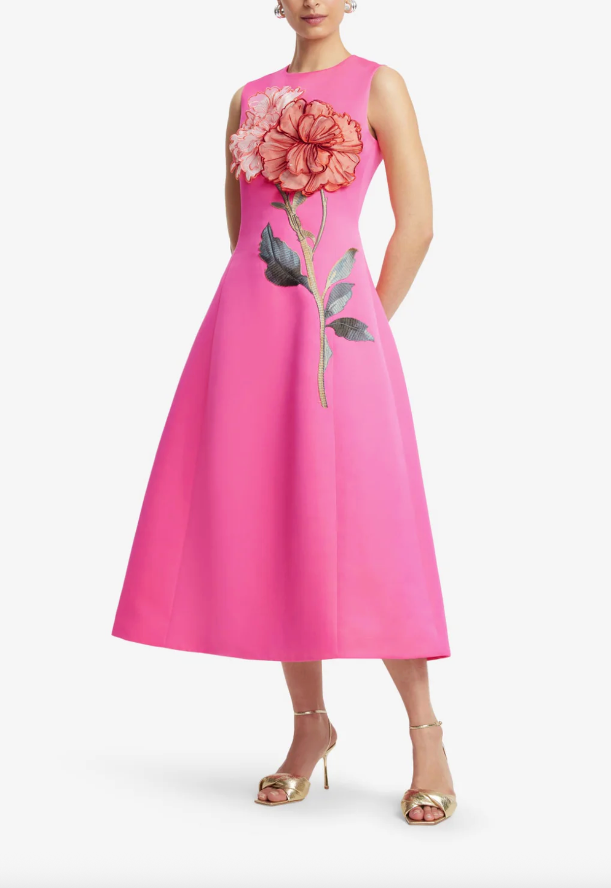 Cleo Applique Sleeveless Midi Dress-Peony Print In Fuchsia