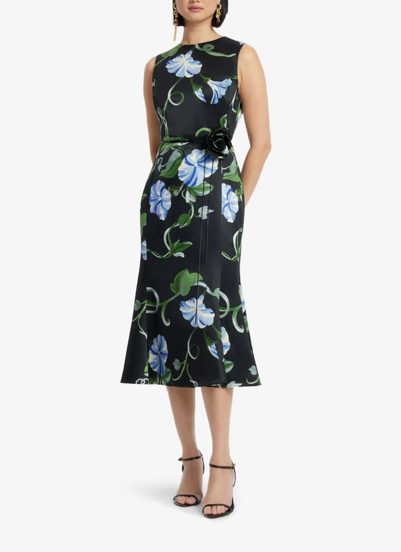 Olive Midi Dress - Vine Print in Ebony