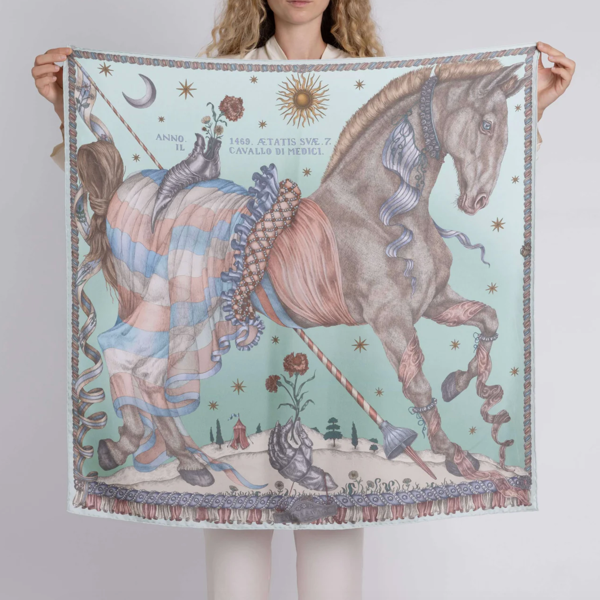 90x90 Medium Silk Scarf - Celestial Steed - Celadon/Salt