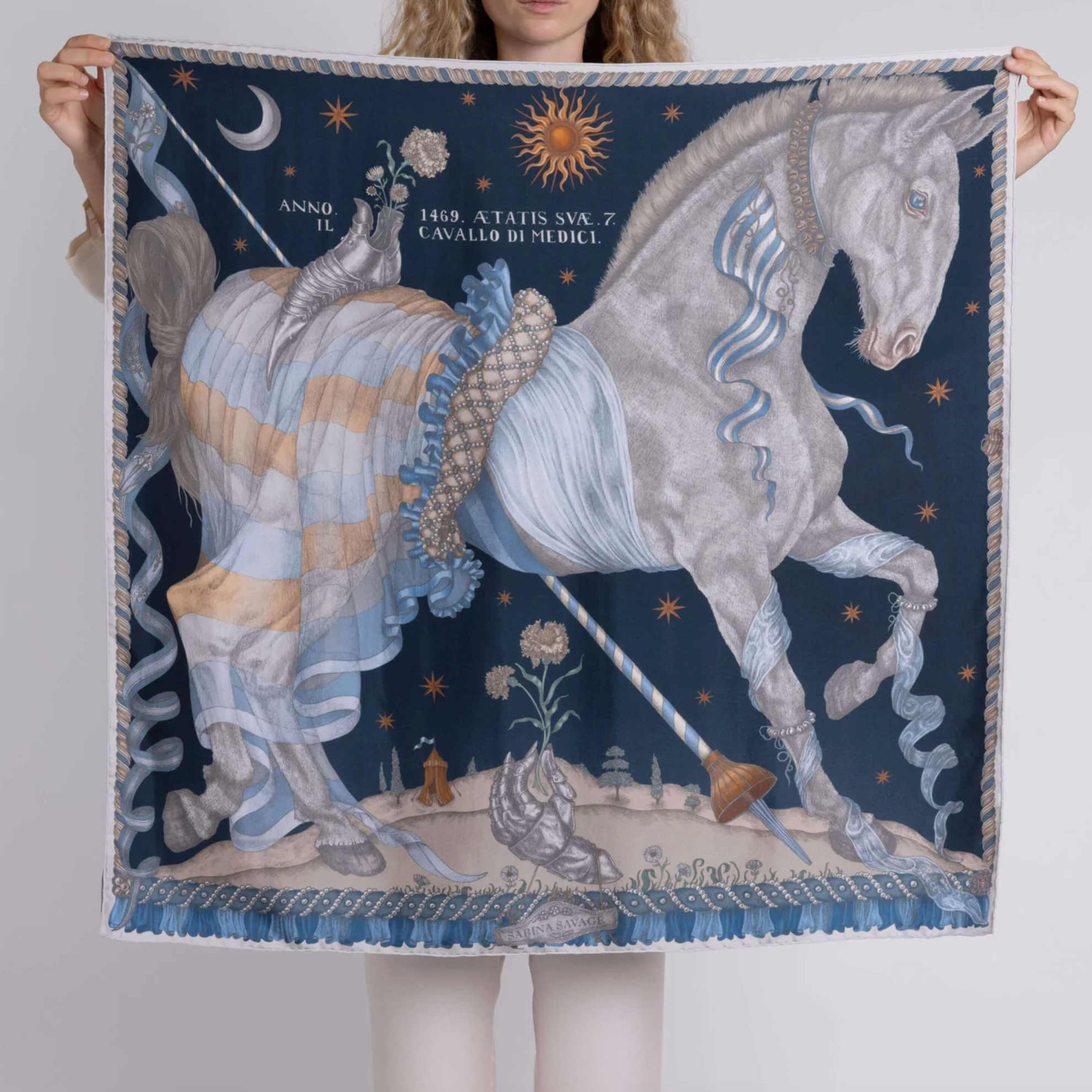 90x90 Medium Silk Scarf-Celestial Steed-Mercury/Moonstone