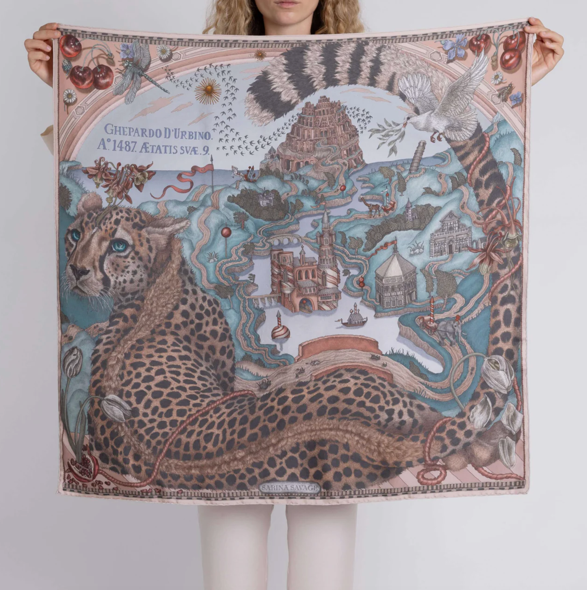 90x90 Medium Silk Scarf-Medici Cheetah-Morello/Mint