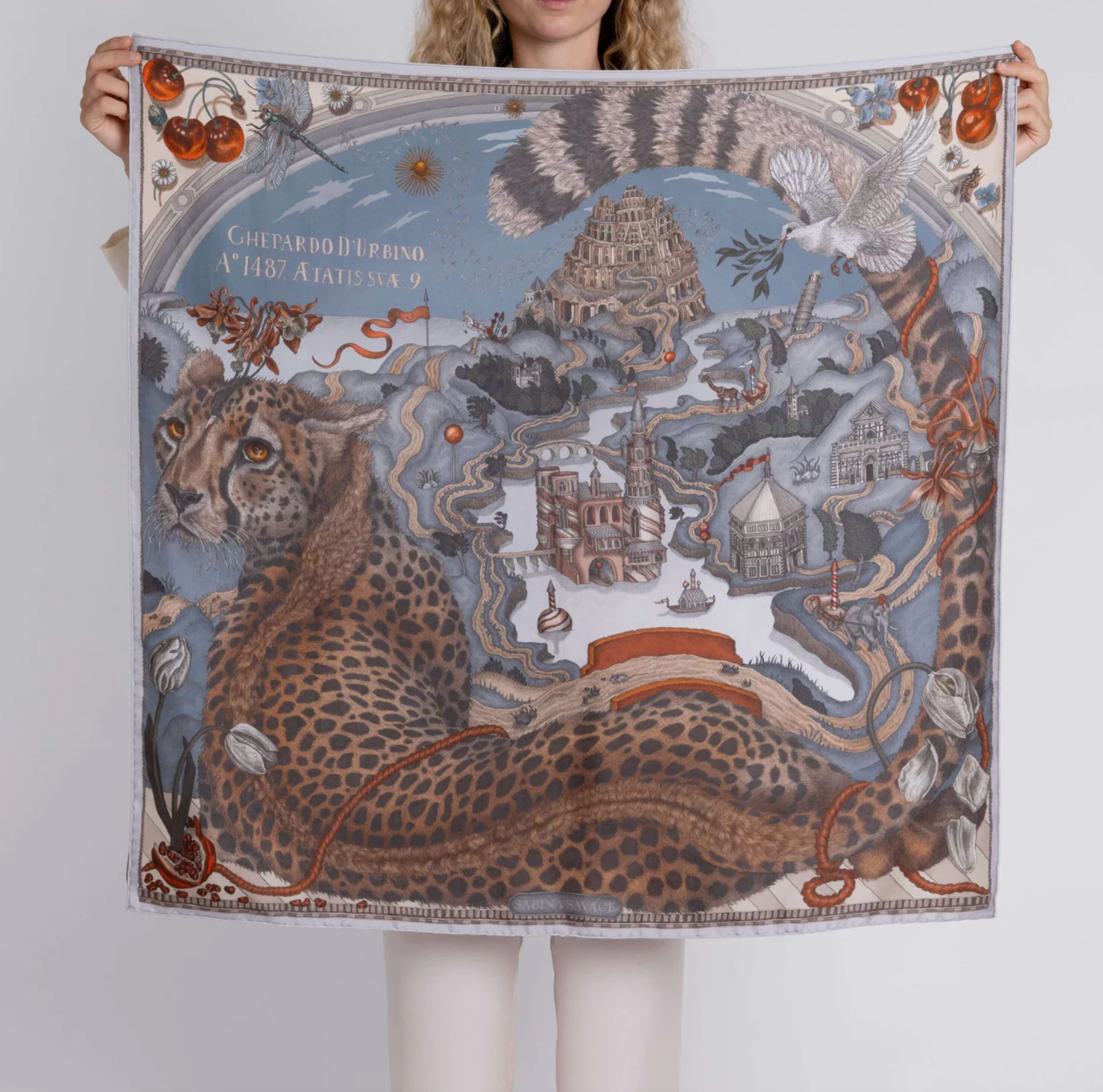 90x90 Medium Silk Scarf-Medici Cheetah-Musk/Maraschino