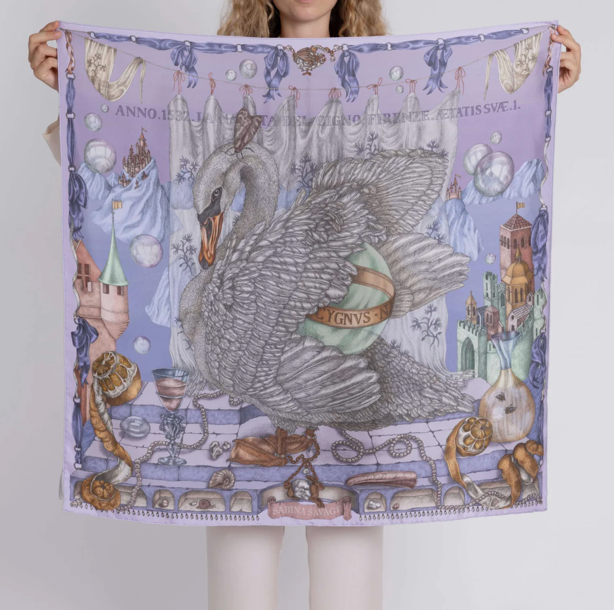 90x90 Medium Silk Scarf-Glass Swan-Iris/Opal