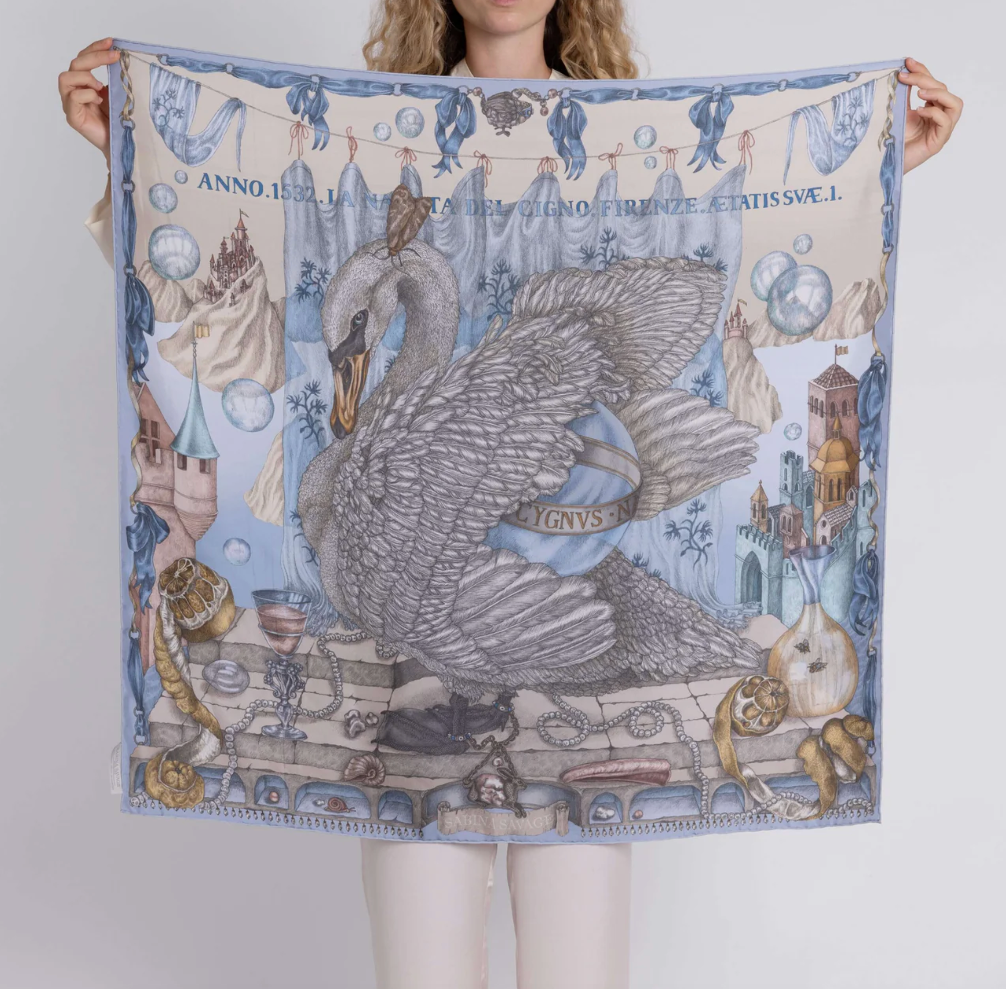 90x90 Medium Silk Scarf - Glass Swan - Crystal/Calcite