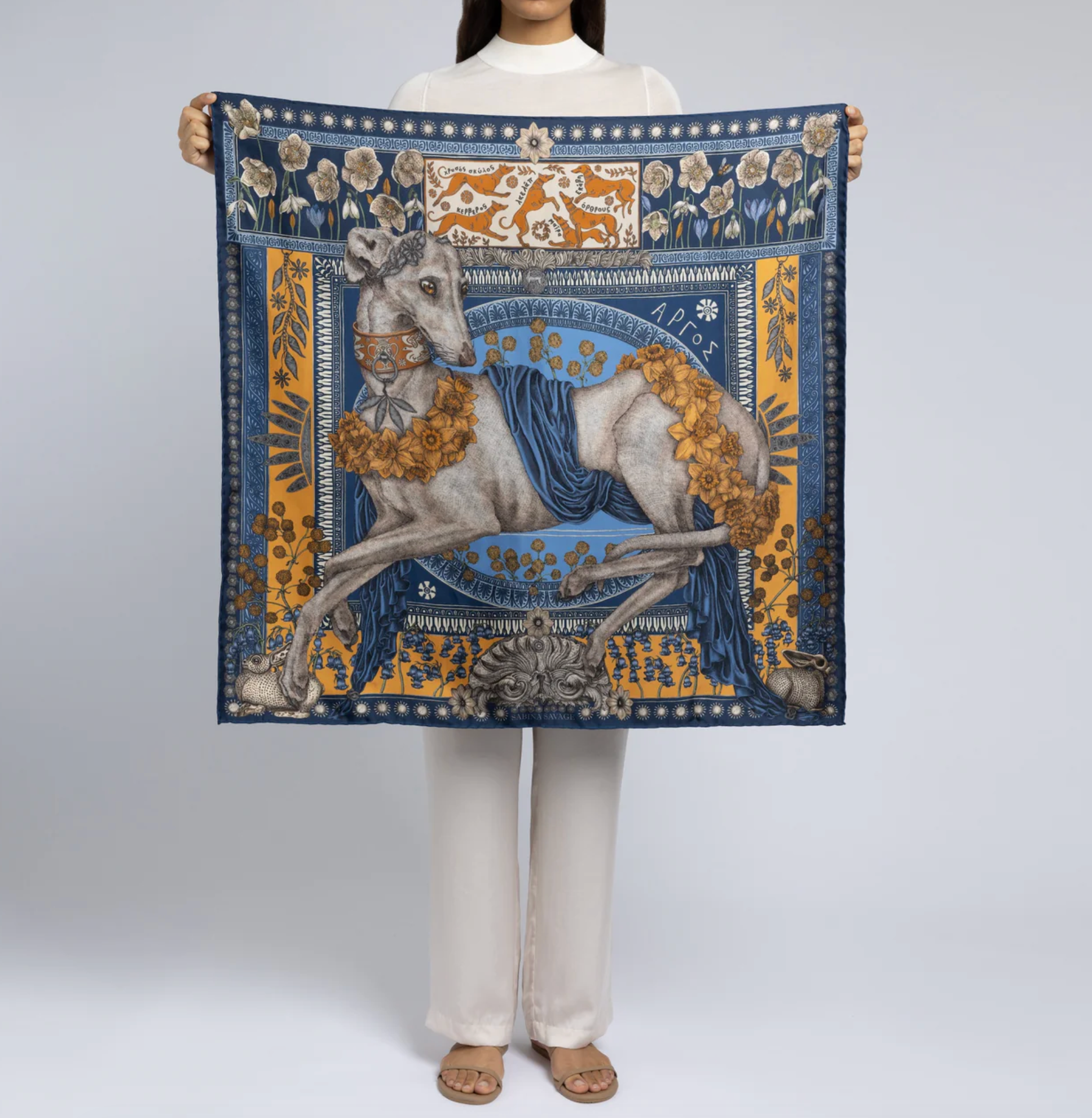 90x90 Medium Silk Scarf - Honouring Argos - Marine/Apricot