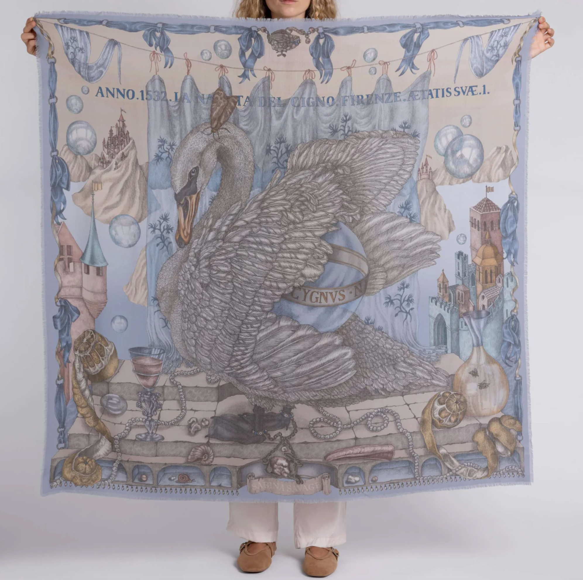 135x135 Large Silk Scarf-Glass Swan-Crystal/Calcite
