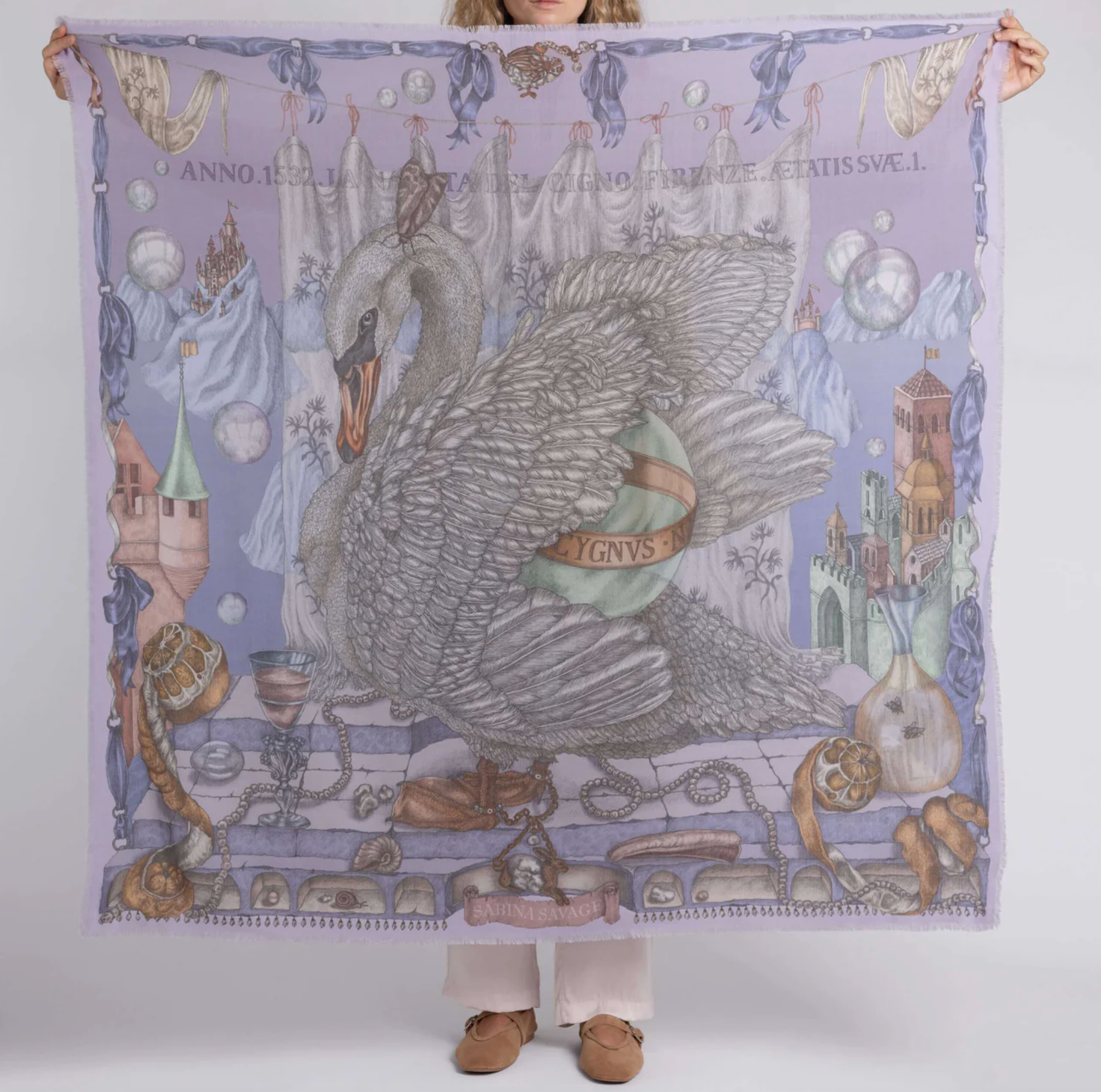 135x135 Large Silk Scarf-Glass Swan-Iris/Opal