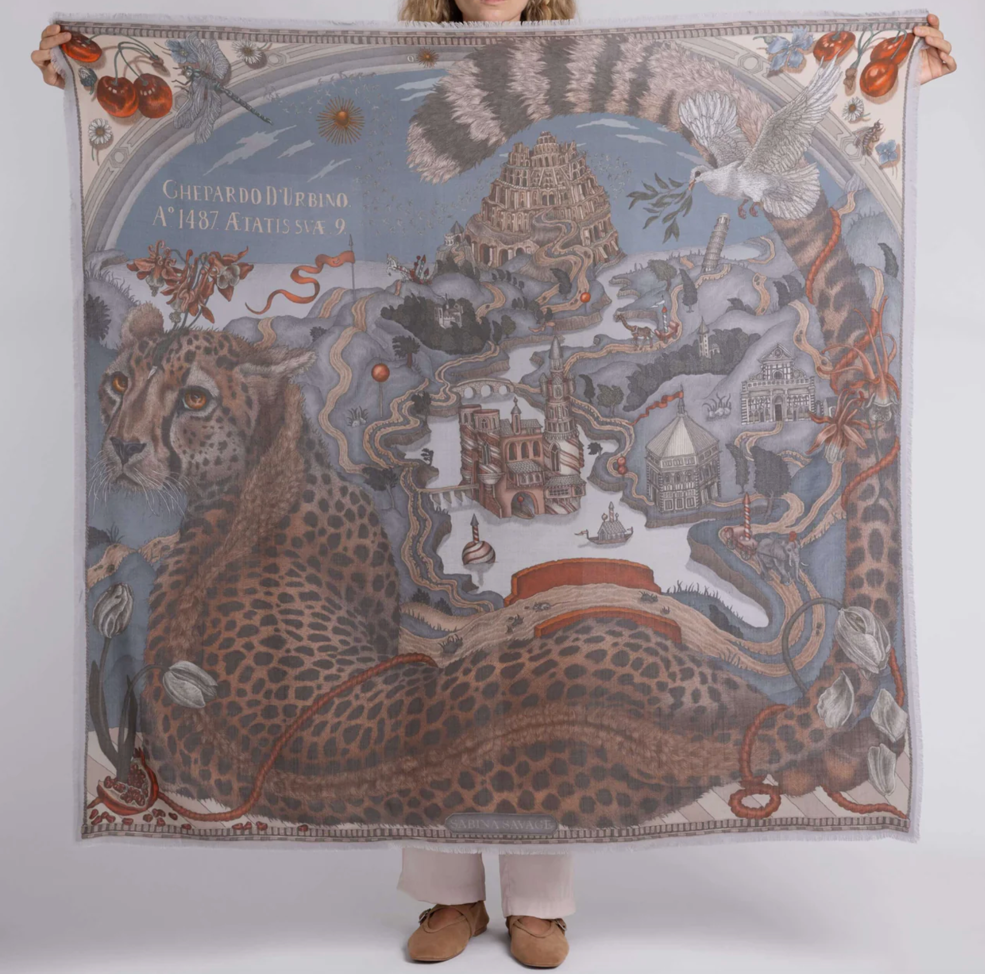 135x135 Large Silk Scarf-Medici Cheetah-Musk/Maraschino