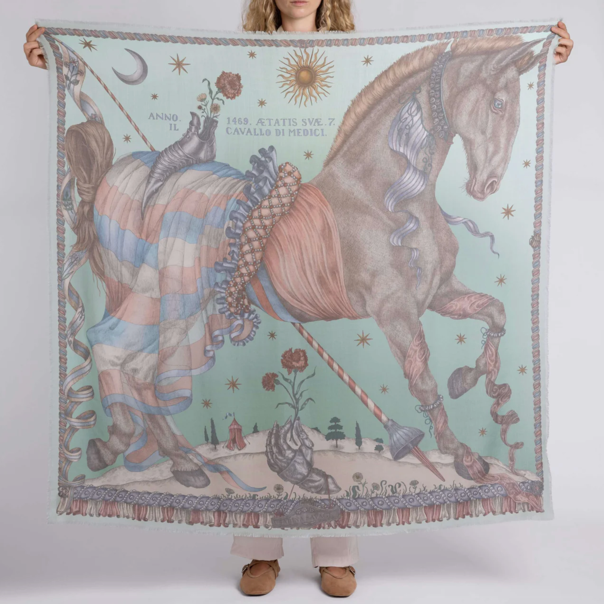 135x135 Large Silk Scarf-Celestial Steed-Celadon/Salt