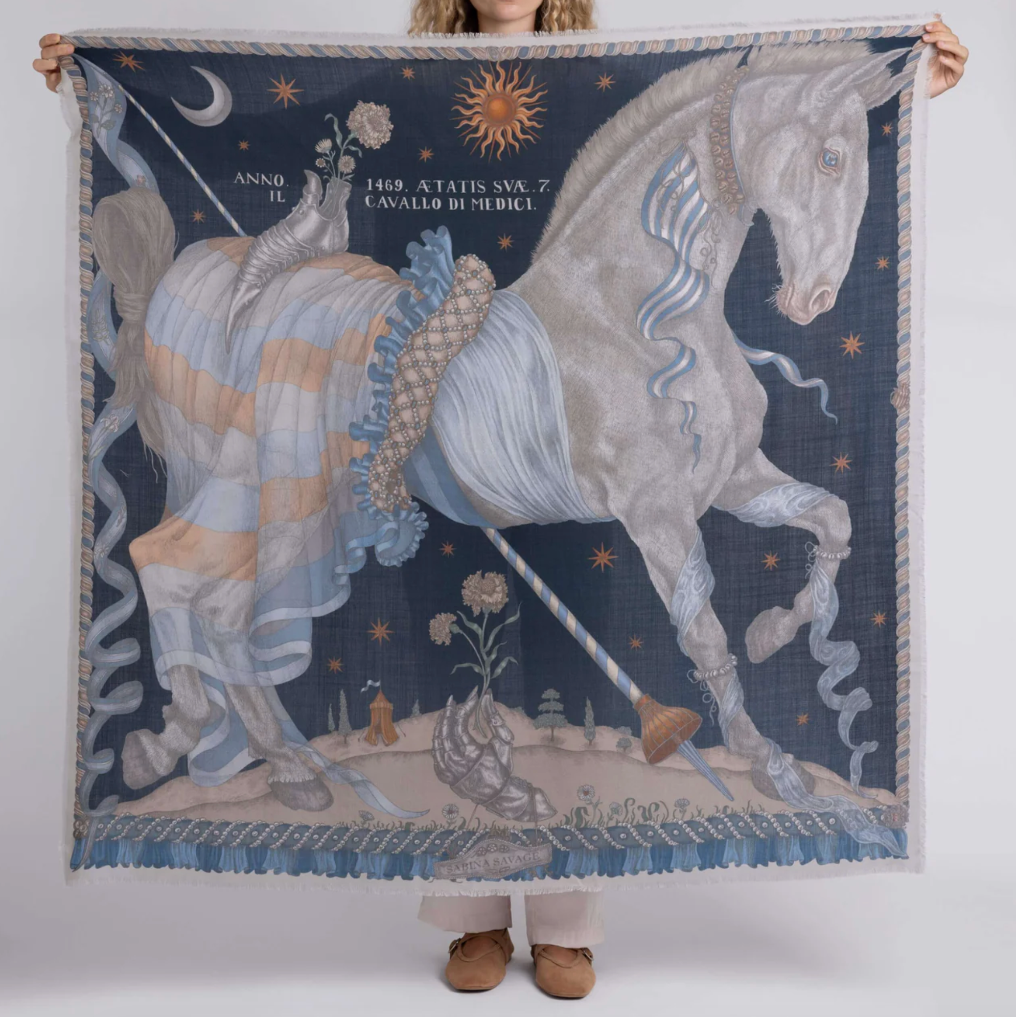 135x135 Large Silk Scarf-Celestial Steed-Mercury/Moonstone
