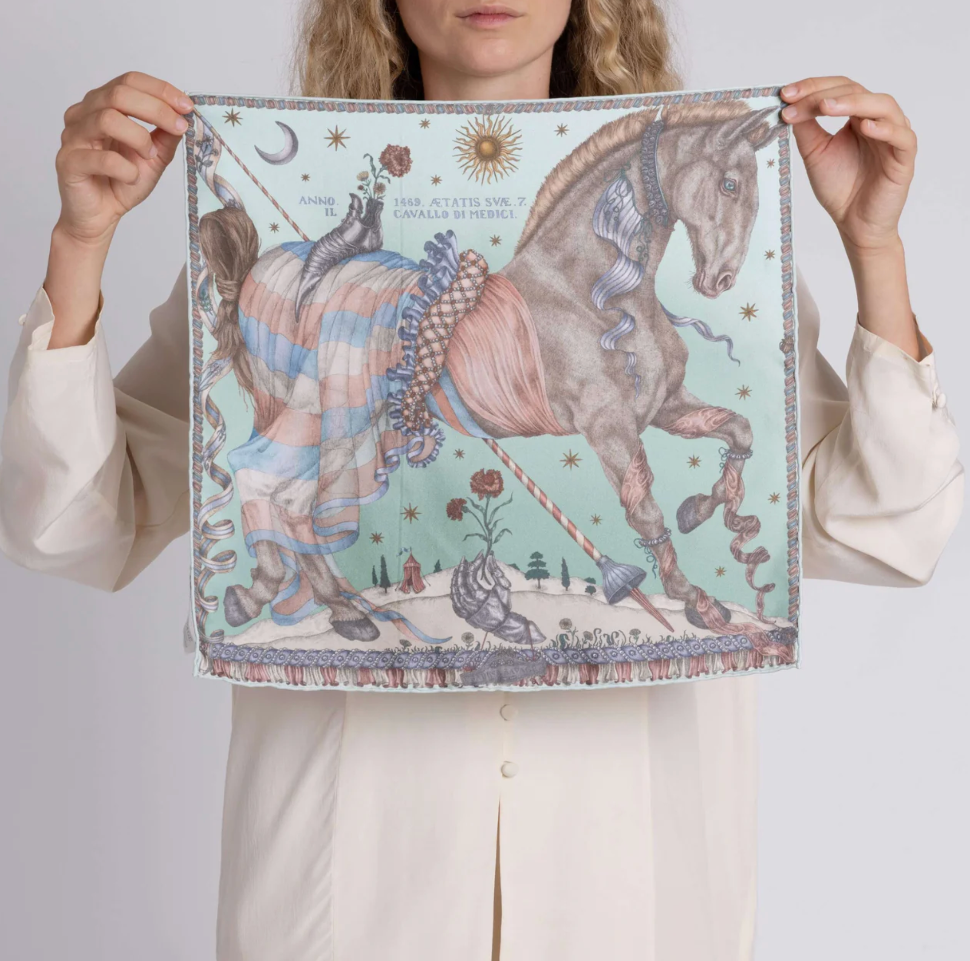 42x42 Small Silk Scarf-Celestial Steed-Celadon/Salt